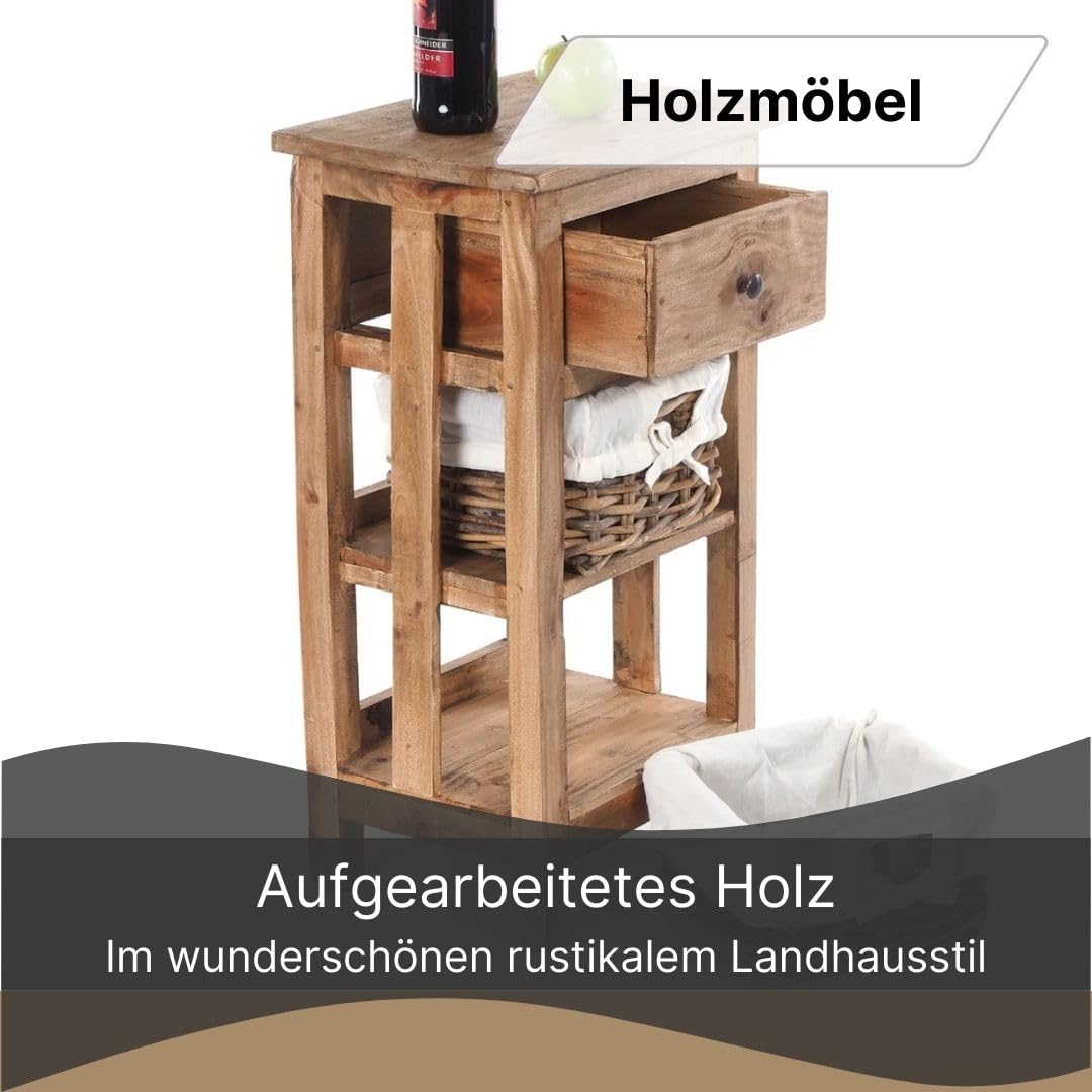 DESIGN DELIGHTS TELEFONTISCH Tower | 70x38x28cm (HxBxT), Holz Flurtisch Recyclingholz, mit 2 Rattan Körben und Schublade | Beistelltisch, Flurtisch