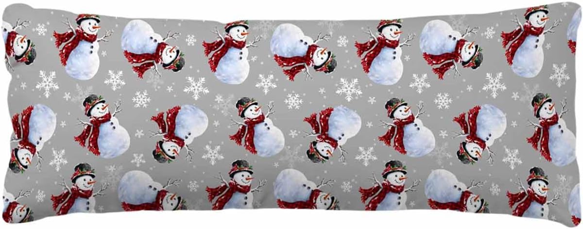 Christmas Pillow Cover Lumbar Throw Pillow Cover, Merry Red Scarf Snowman Snowflake Gray Body Pillow Cushion Cover, Polyester Fabric Pillow Cover for Bench Bedroom Living Room Decor 20x60