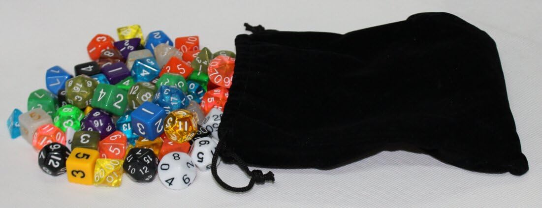 100+ Pack of Random Polyhedral Dice in Multiple Colors | At Least 15 Complete Sets | 4 Sided, 6 Sided, 8 Sided, 10 Sided, 12 Sided, 20 Sided and Percentile Dice Included |At Least 15 Color | Large Durable Velvet & Satin Dice Bag Included