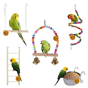 Sage Square Wooden Bird Toys Combo | Ladder, Bowl, Swing, Hanging Cage Accessory | for Budgie, Parrot, Cockatiel, Parakeet, Conure, Macaw etc