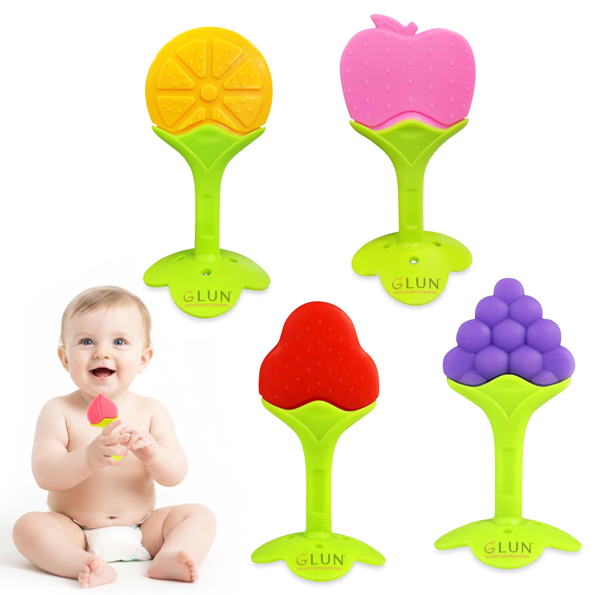 GLUN® 4 Piece BPA Free Silicone Fruit Shape Baby Teether Toy for 6-12 Months Baby, Soothing Teether Soft & Safe Gum Relief Accessories for Infants