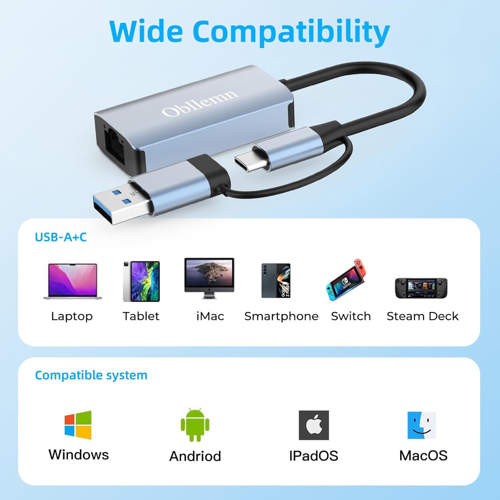 Adapter USB do Ethernet RJ45 1000 Mb/s, kompatybilny z MacBook, Surface, Laptopy z systemem Windows, XP, Vista, Mac/Linux