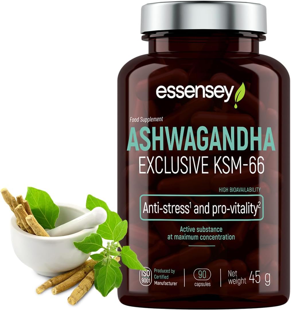 Essensey Ashwagandha Exclusive KSM-66 – Premium Stress Management and Vitality Boost Supplements, 90 Vegetarian Capsules for Optimal Relaxation, Energy, and Well-Being