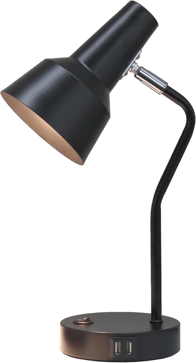 Simple Designs LD1072-BLK 15.2" Sleek Essentials Metal Cone Shade Desk Lamp with Adjustable Shade and Dual USB Ports, for Office, Desk, Nightstand, Dorm, Black
