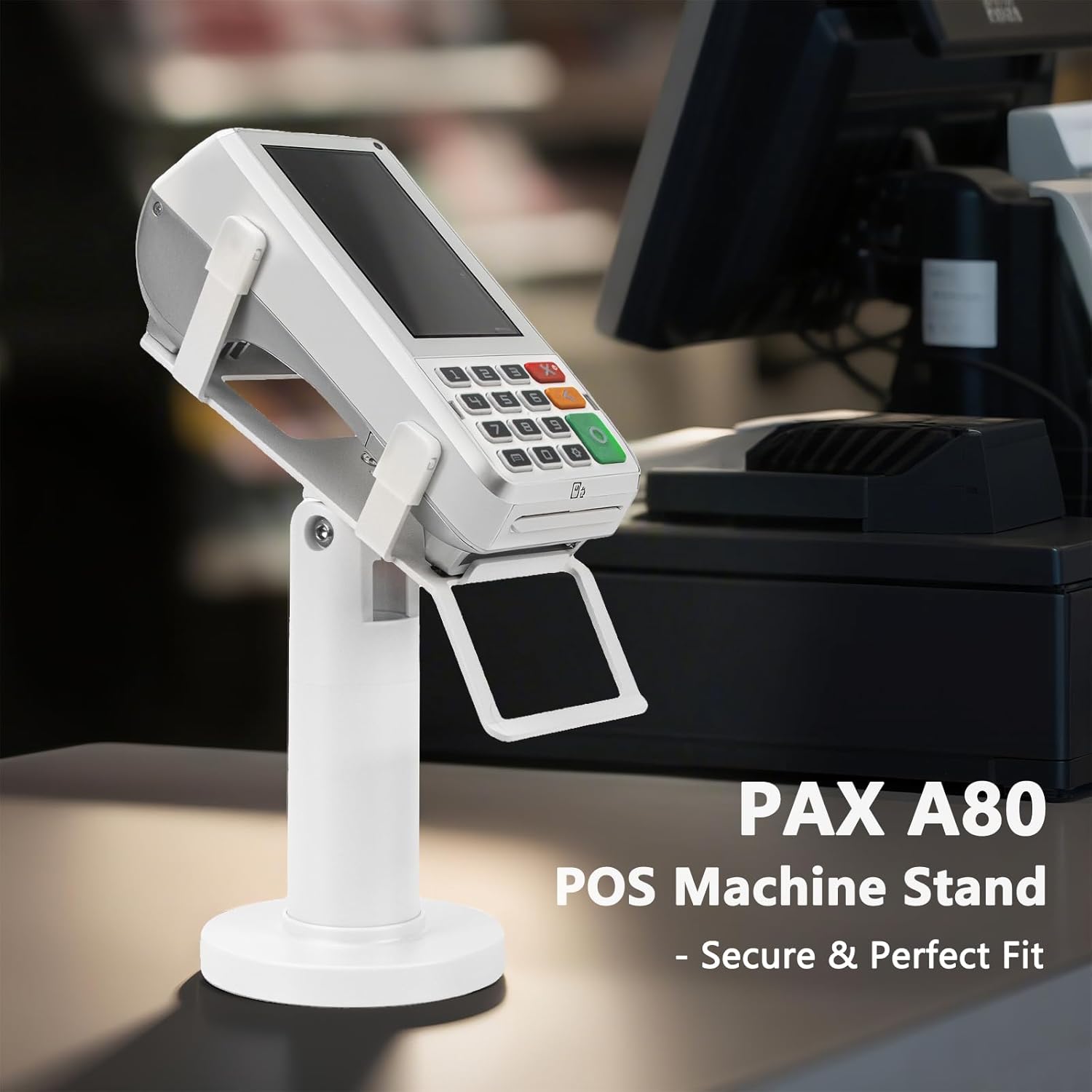 Square POS Terminal Stand for Pax A80-7" Tall Swivel & Tilt Credit Card Machine Stand, Square Terminal Holder Compatible with Pax A80, Screw-in or Adhesive Install(Complete Kits), White
