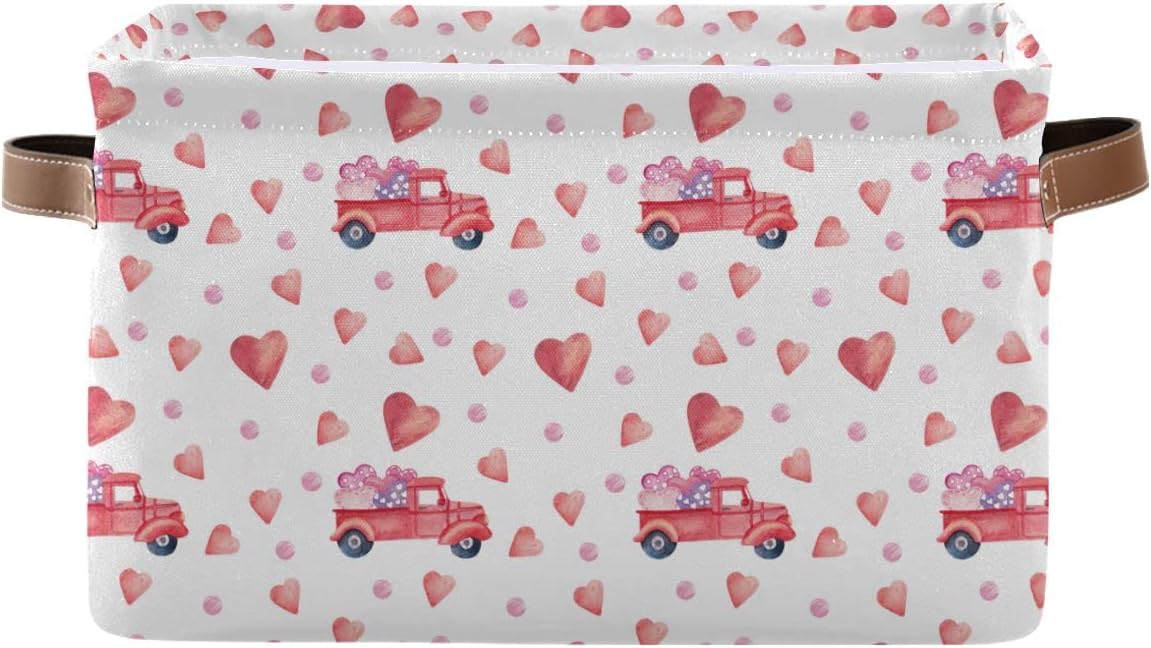 Happy Valentine's Day Storage Basket Fabric Laundry Baskets Love Heart Pickup Truck Car Storage Boxes Organizer Bag for Baby Cloth Dog Toy Book Storage Cubes Shelf Closet Bins 16×12×8 Inches