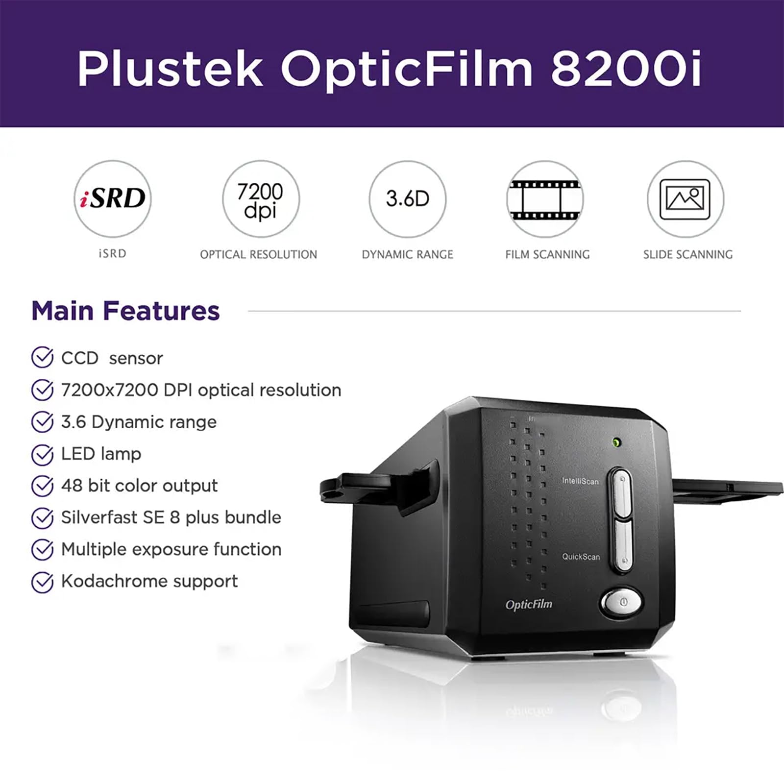 Scanner Automatique Films Et Diapositives,numériseur Films Et Diapositives 35mm avec Une Résolution 7200dpi Et Une Densité Dynamique 3,6D,réparation Poussière/Rayures Et Édition Logiciels