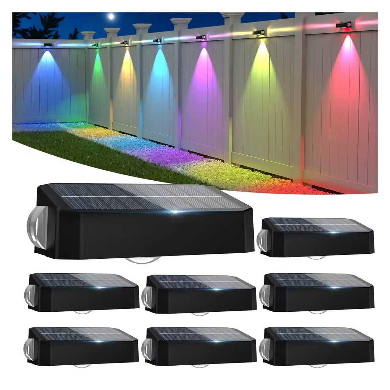 Solar-Zaunleuchten für den Außenbereich, Deckleuchten mit 12 RGB-Farbwechsel, warm und kaltweiß, IP65 wasserdicht, Dämmerung bis Morgendämmerung, Solar-Außenbeleuchtung für Wand, Terrasse, Stufe