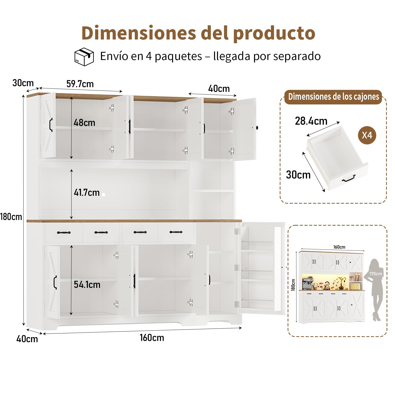 Alacena cocina 180 cm LED carga 4 cajones 6 estantes ajustables – Organizador cocina rústico, mueble auxiliar comedor Blanco