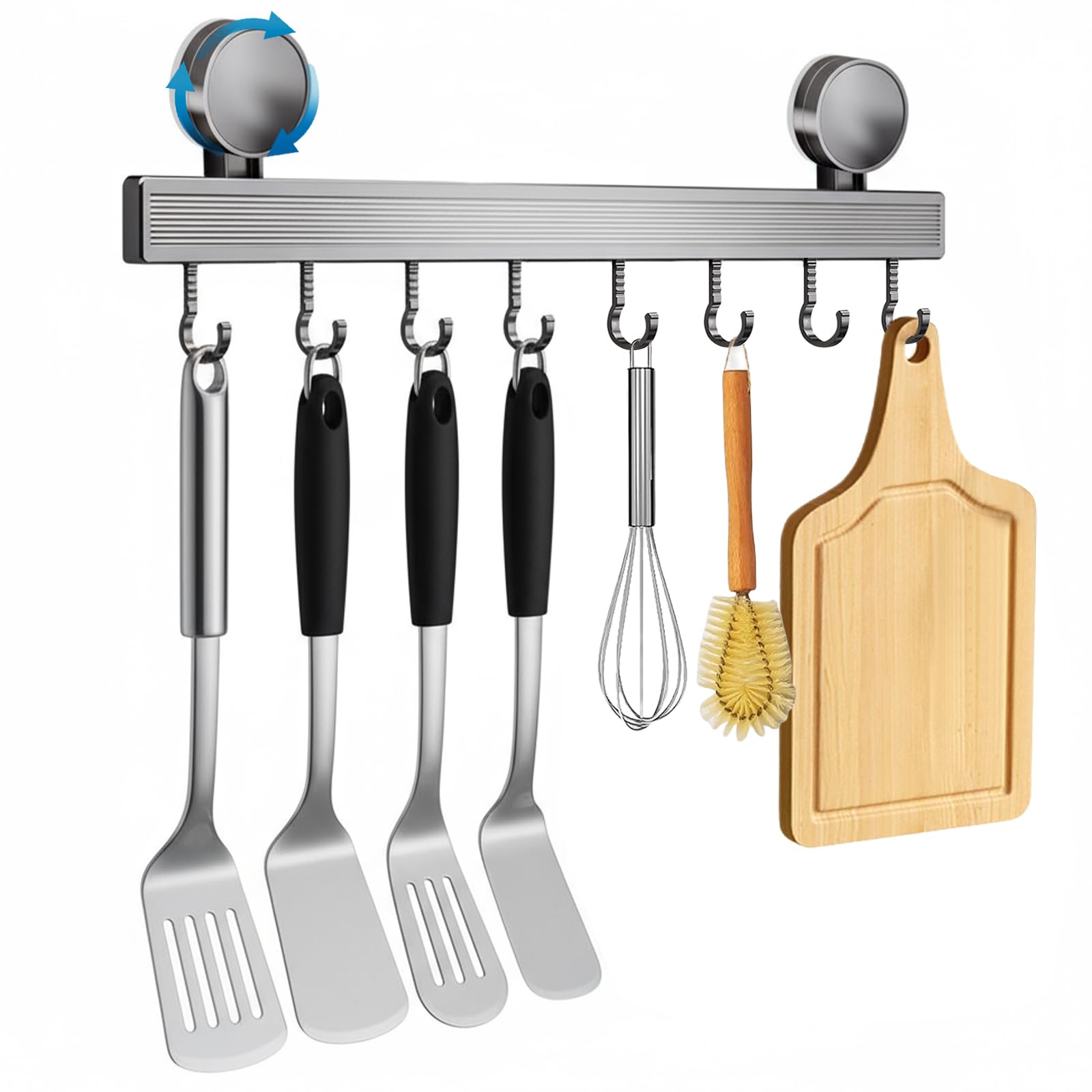 Porta Utensili da Cucina con Ventosa | Lunghezza 40 cm, portata 10 kg, 8 ganci mobili | Barra da cucina per utensili da cucina, camera da letto, bagno