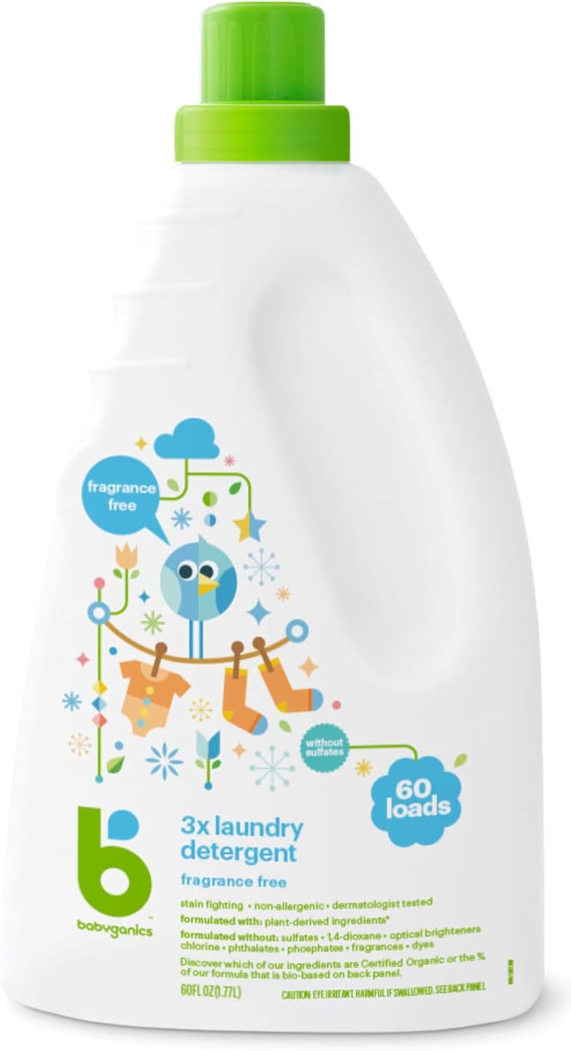 Babyganics 3X Baby Laundry Detergent, HE compatible, Stain-Fighting, Fragrance Free, 60 Fl Oz