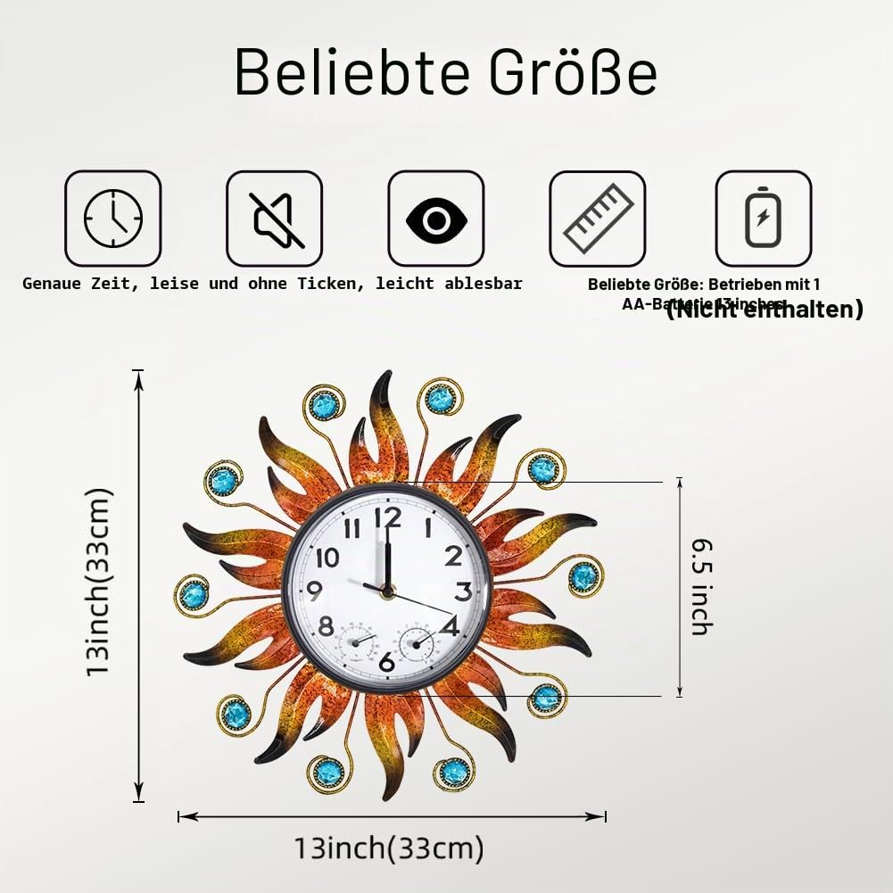 Sun Outdoor Uhr mit Thermometer und Hygrometer Combo, Silent No-Ticking Outdoor Wanduhr, wasserdichte Quarzuhr für Terrasse, Wohnzimmer, Küche, Garten, 13 Zoll