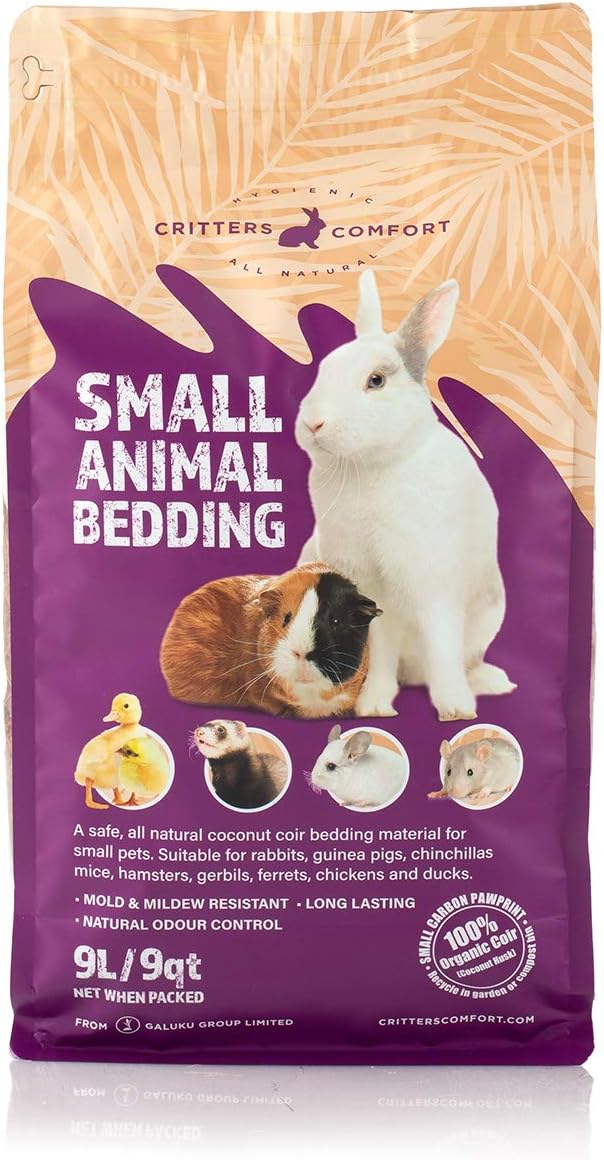 Bunny Bedding Odor Control for Small Pets - Organic Coconut Husk Fiber Substrate Animal Bedding for Guinea Pig, Ferret, Hamster Cages and Habitats - Pet Accessories - 9 Liters Critter Litter