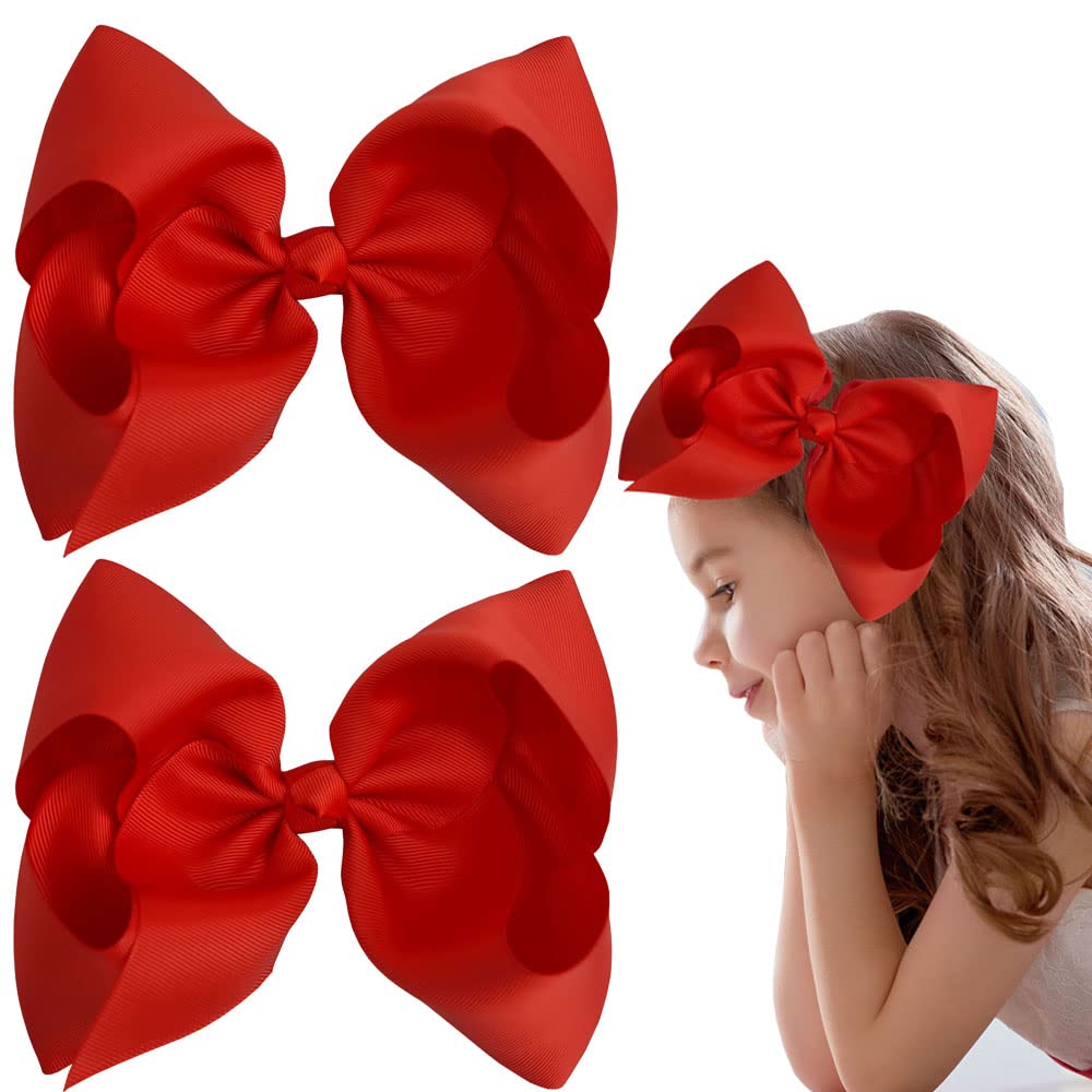 SALOCY Hair Bows Clips, 2 PCS 8 Inch (20CM) Grosgrain Ribbon Big Large Bows Alligator Clips for Girls Toddler Boutique Hair Accessories (Set-6, Red)