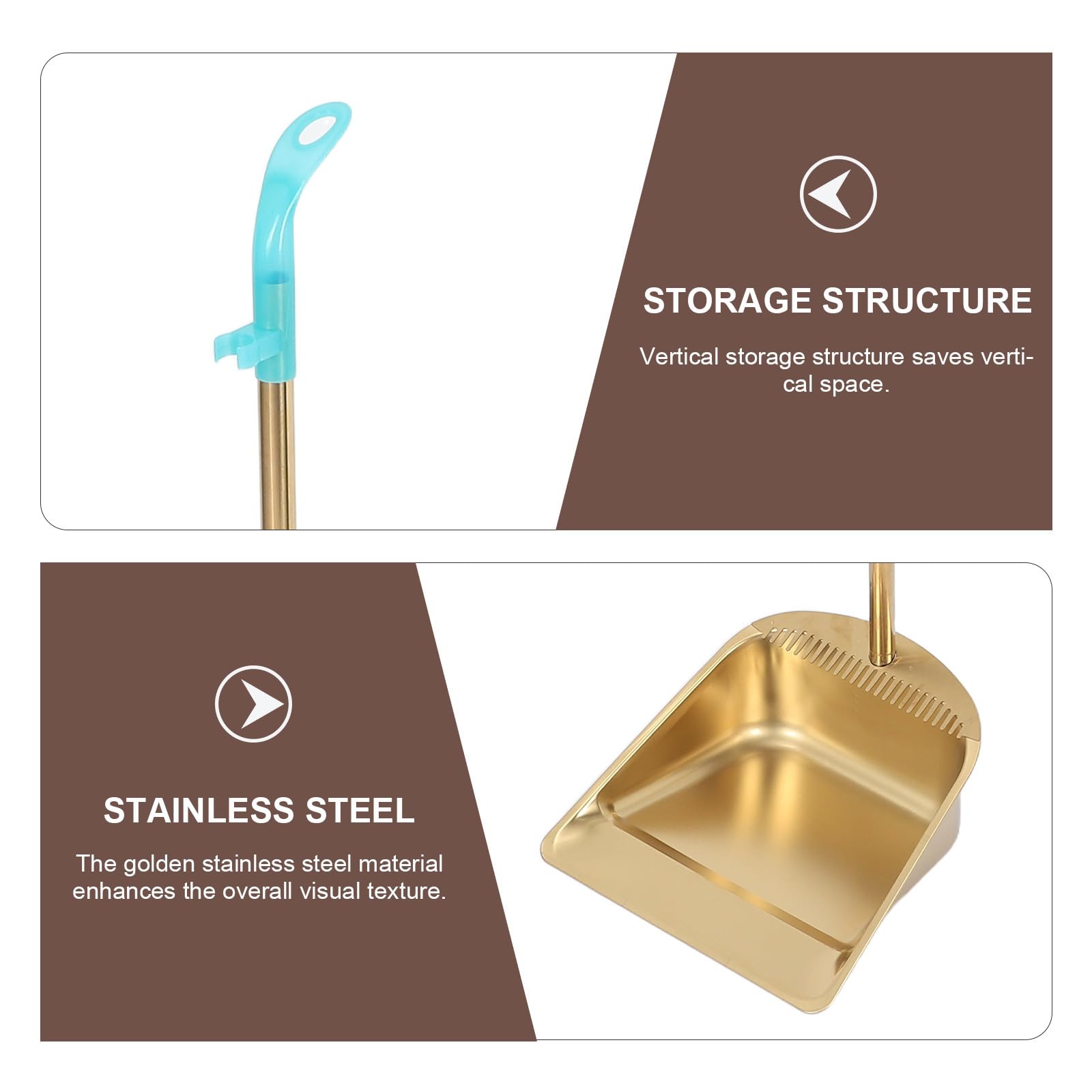 1 Set Besen und Kehrschaufel, robust – Kehrschaufel mit langem Stiel und Zinkenkamm – Besen-Set aus goldfarbenem Edelstahl für Büro, Haushalt und Innenbereich