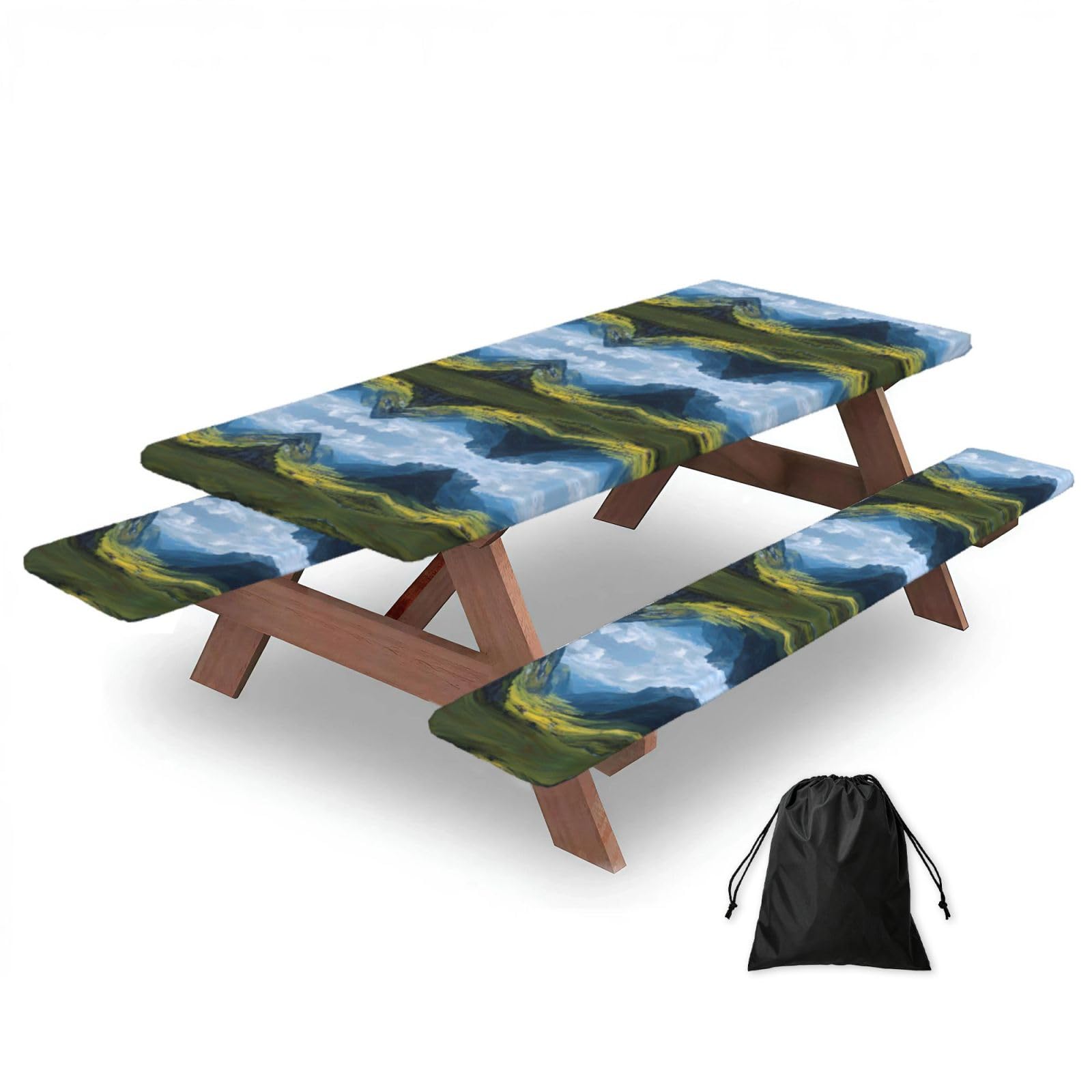 EZDLOWVBA Valley Print Picnic Table Cover With Bench Covers Waterproof Fitted Picnic Table Outdoor Elastic Picnic Tablecloth Outdoor Camping Essentials(3pcs)