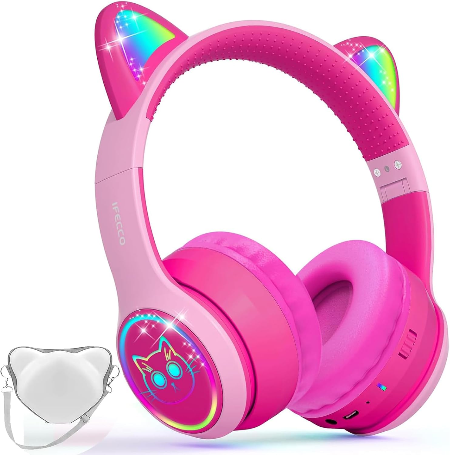 IFECCO Wireless Kids Headphones with Microphone,Foldable Cute Light Up Cat Ear Children Girls Bluetooth Headphones with Case for School Gifts Travel