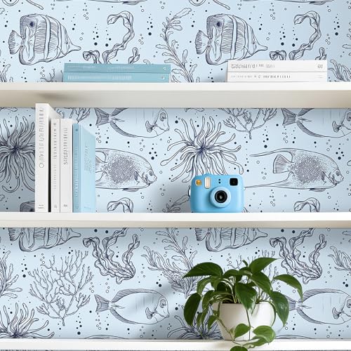Papier peint amovible bleu FunStick pour masquer defauts de mur