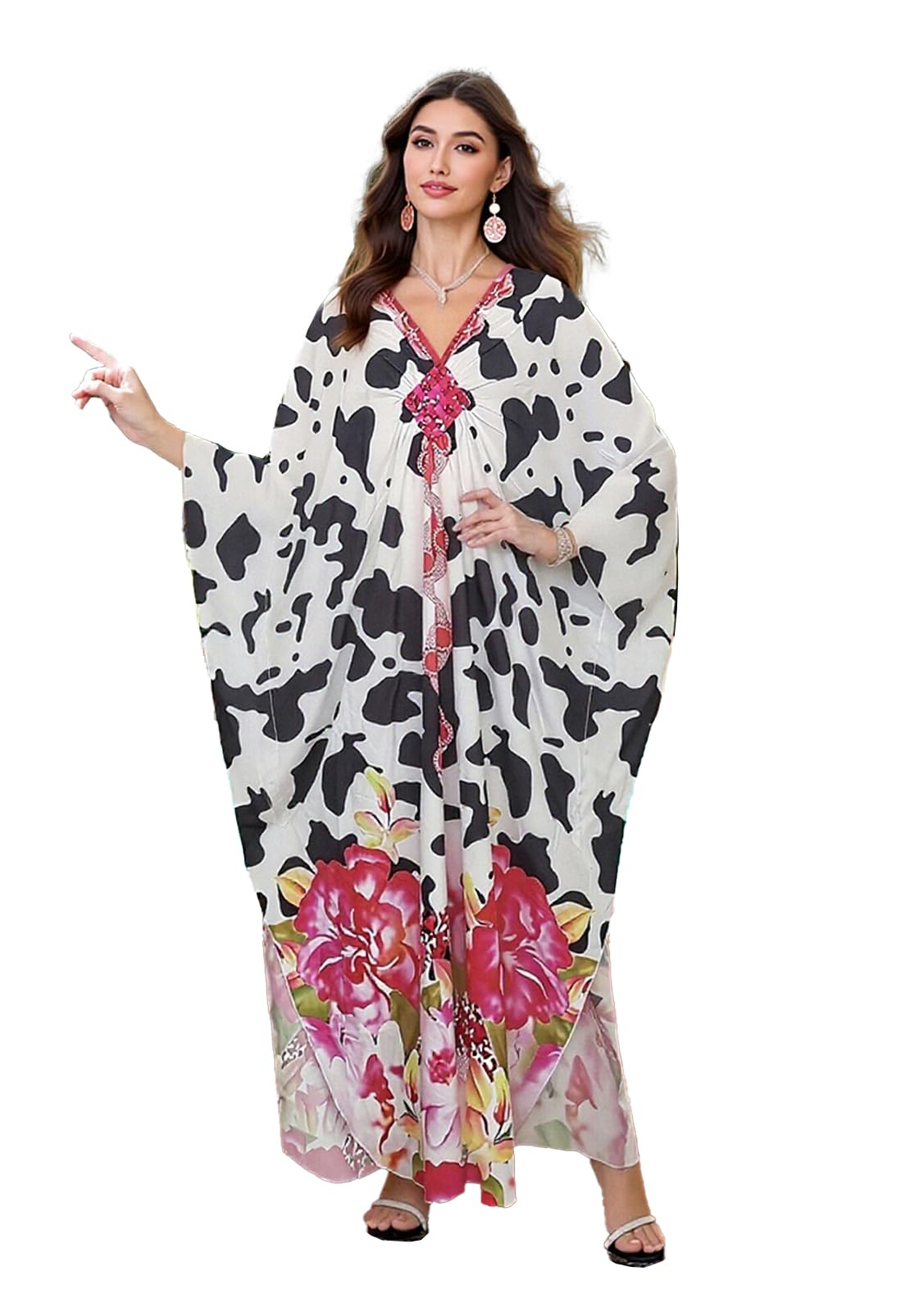 sunforyou Caftans for Women 4XL Black Elegant Moomoo Dresses70s Kaftan Cow Print Floral Bikini Cover up Lightweight Loungewear(2604)