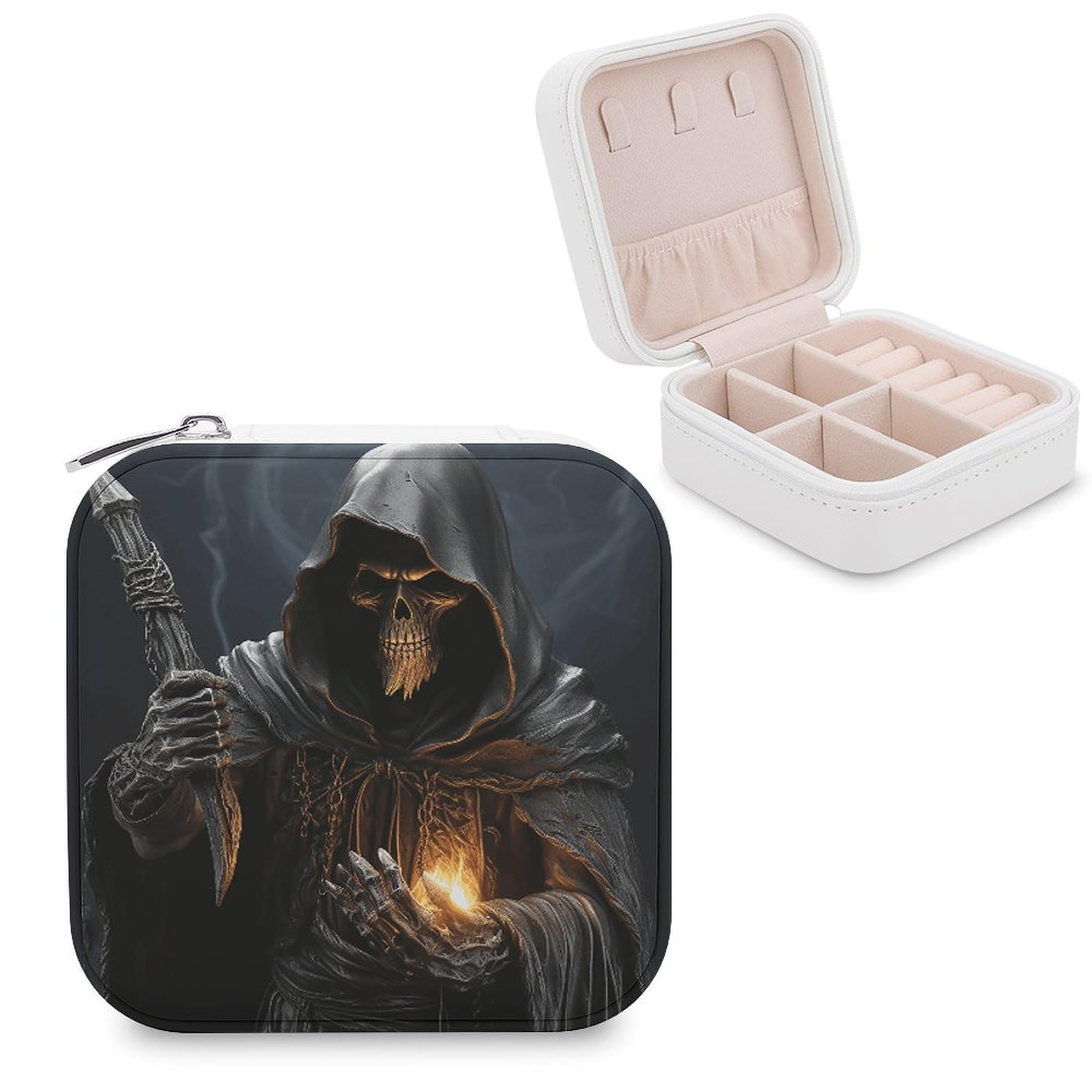 VstaDank Grim-Reaper Jewelry Box Exquisite Leather Jewelry Organizer Portable Trinket Organizer Fashion Travel Jewelry Case for Rings Earrings Necklaces Unique Gifts for Women