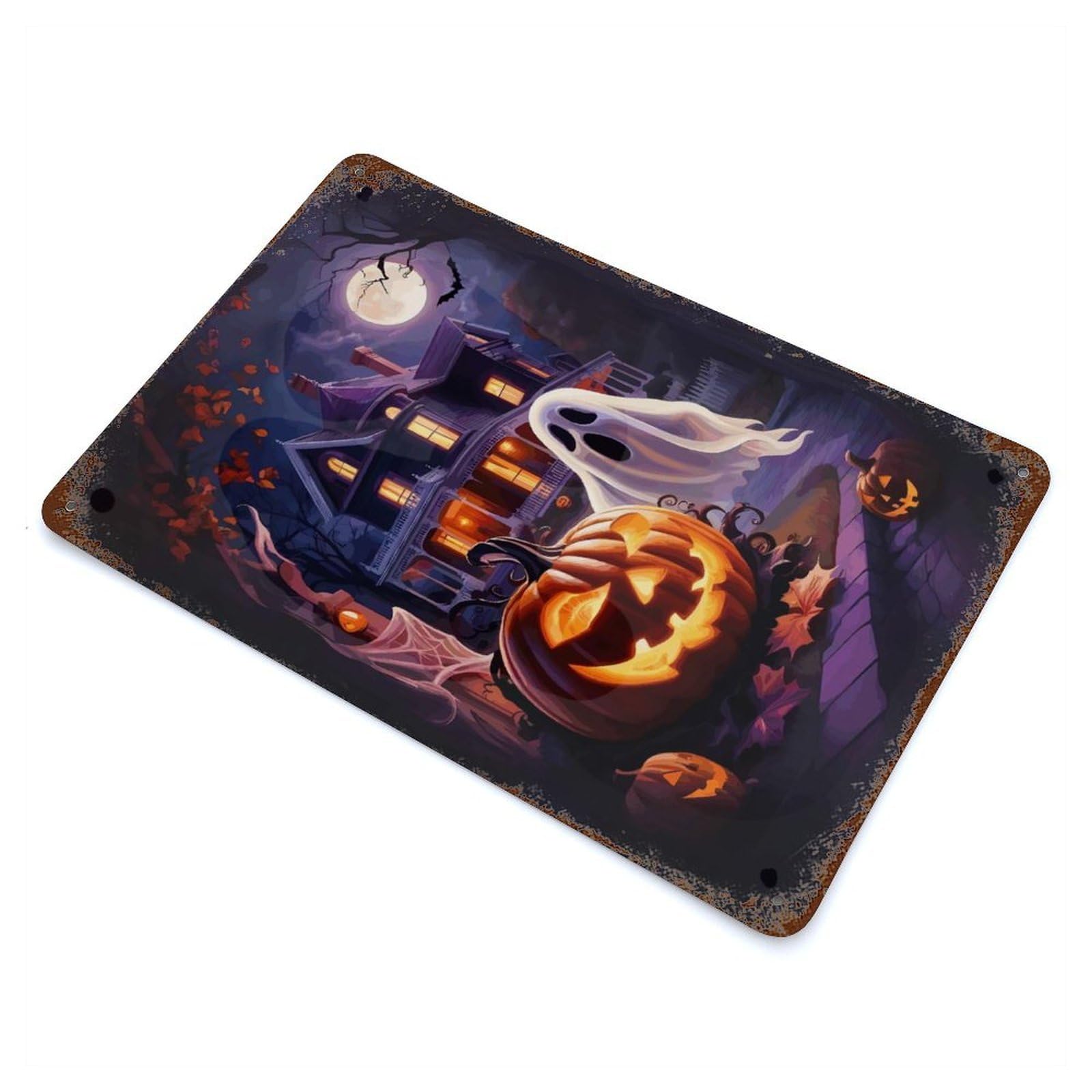 Halloween Pumpkin & Ghost Decorative Tin Sign 11.8"x7.9", for Bistro, Counter And Cafe Decor, Classic Wall Plaque