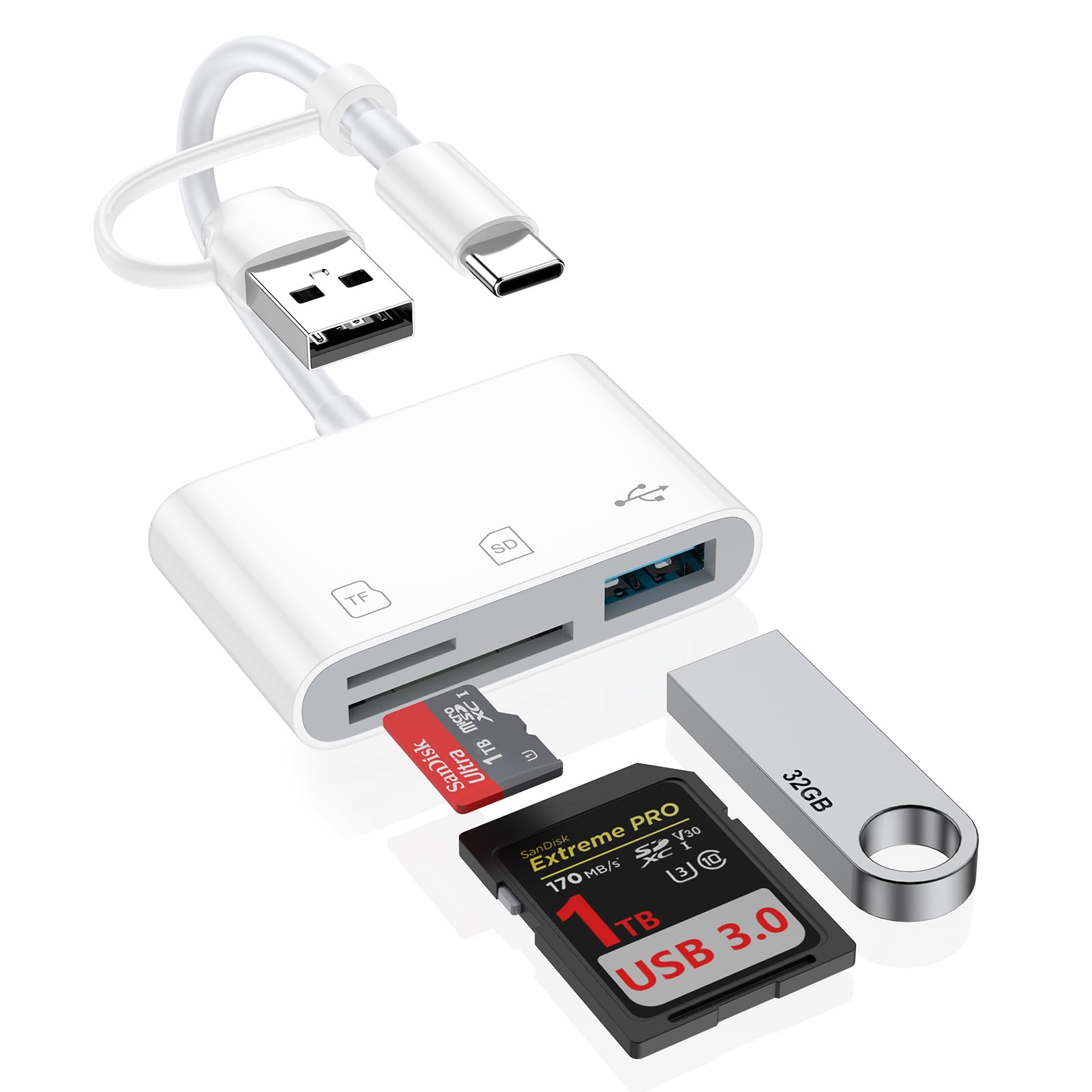 SDカードリーダー Type C 3-in-2メモリカードリーダー USB/SD/TF変換アダプタ USB 3.0/USB-C カードリーダー 0TG機能 設定不要 写真/ビデオ 高速伝送 双方向転送 カメラリーダー iPhone17/タイプC スマホ/MacBook/PC/Galaxy S26/Androidなど機器に適用