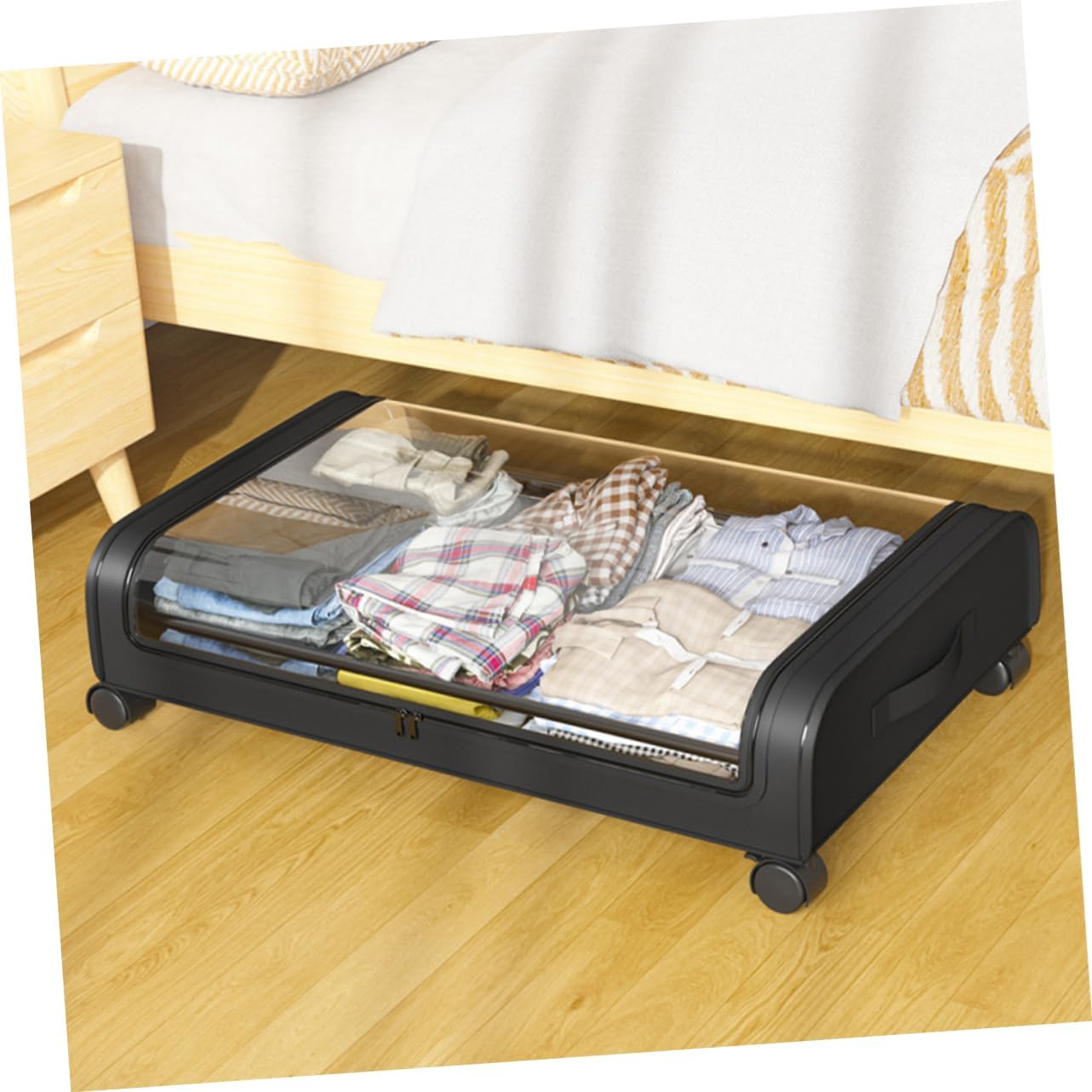 Happyyami Bed Storage Basket Wheels Multi-functional Organizer for Clothes Toys and Blankets Mesh Structure Space-saving Design Cover