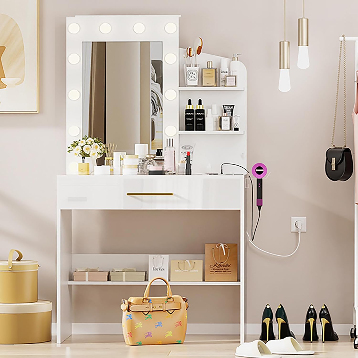 Tocador de Maquillaje con Luz, Vanity con Cajones y Estantes, Escritorio con Estación de Carga, Mesa con Luz LED de Brillo Ajustable (80x40x145 cm)