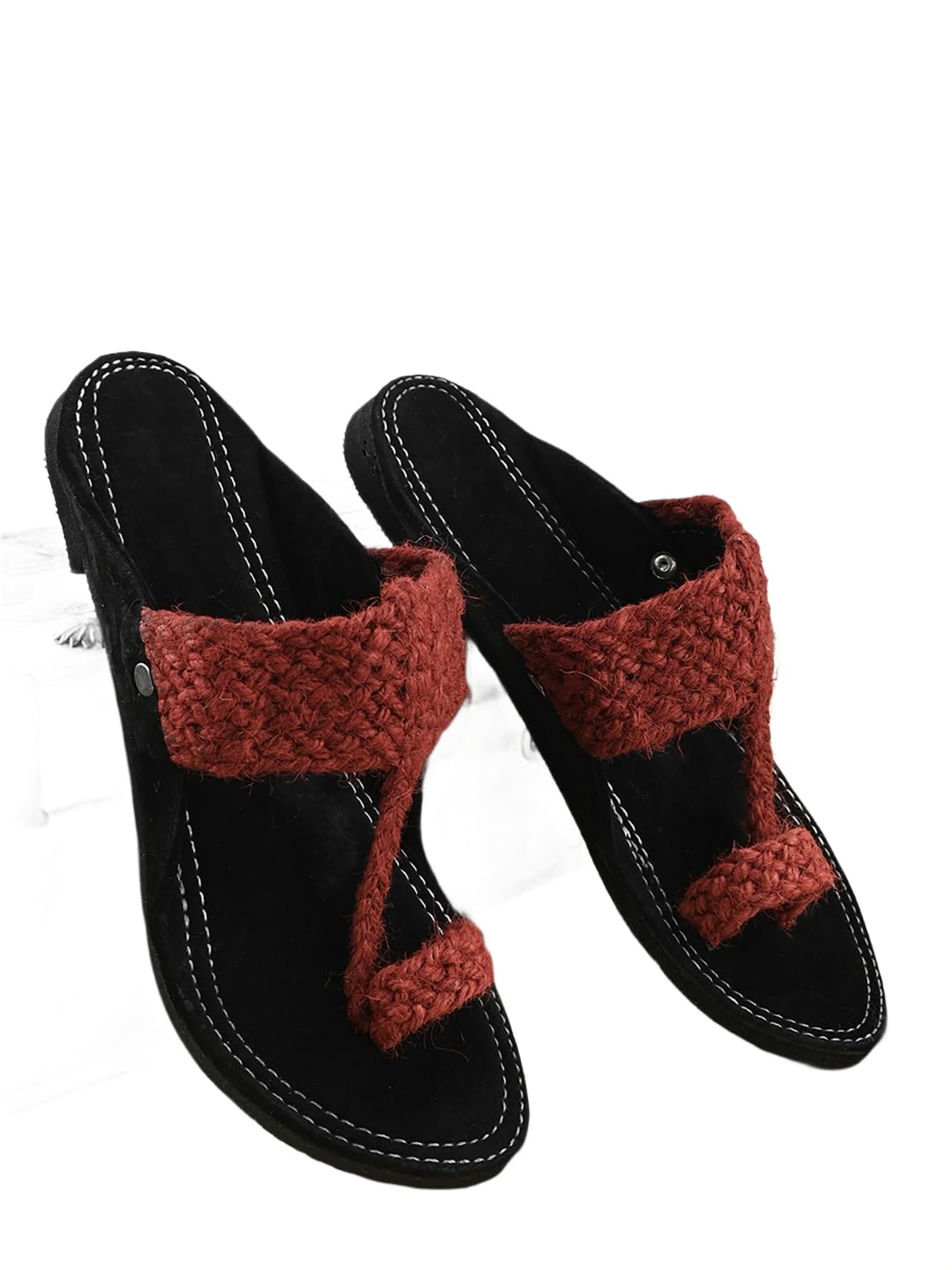 Anjaneya Creations Men's Red Braided Strap Sandals Velvet kholapuri Chappal Flat Sole Contrast Stitching Slip-On Style-image-8