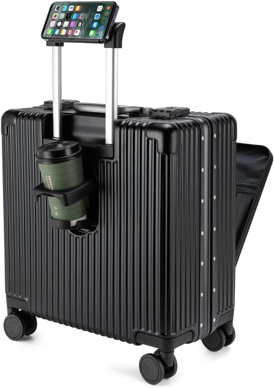 feilario Aluminium Frame Hardside Expandable Spinner Wheel Luggage, Built-In TSA lock Carry on Suitcase, with Cup Holder & USB Port & Phone Holder - - in 18in/20in/24in Sizes black 18in