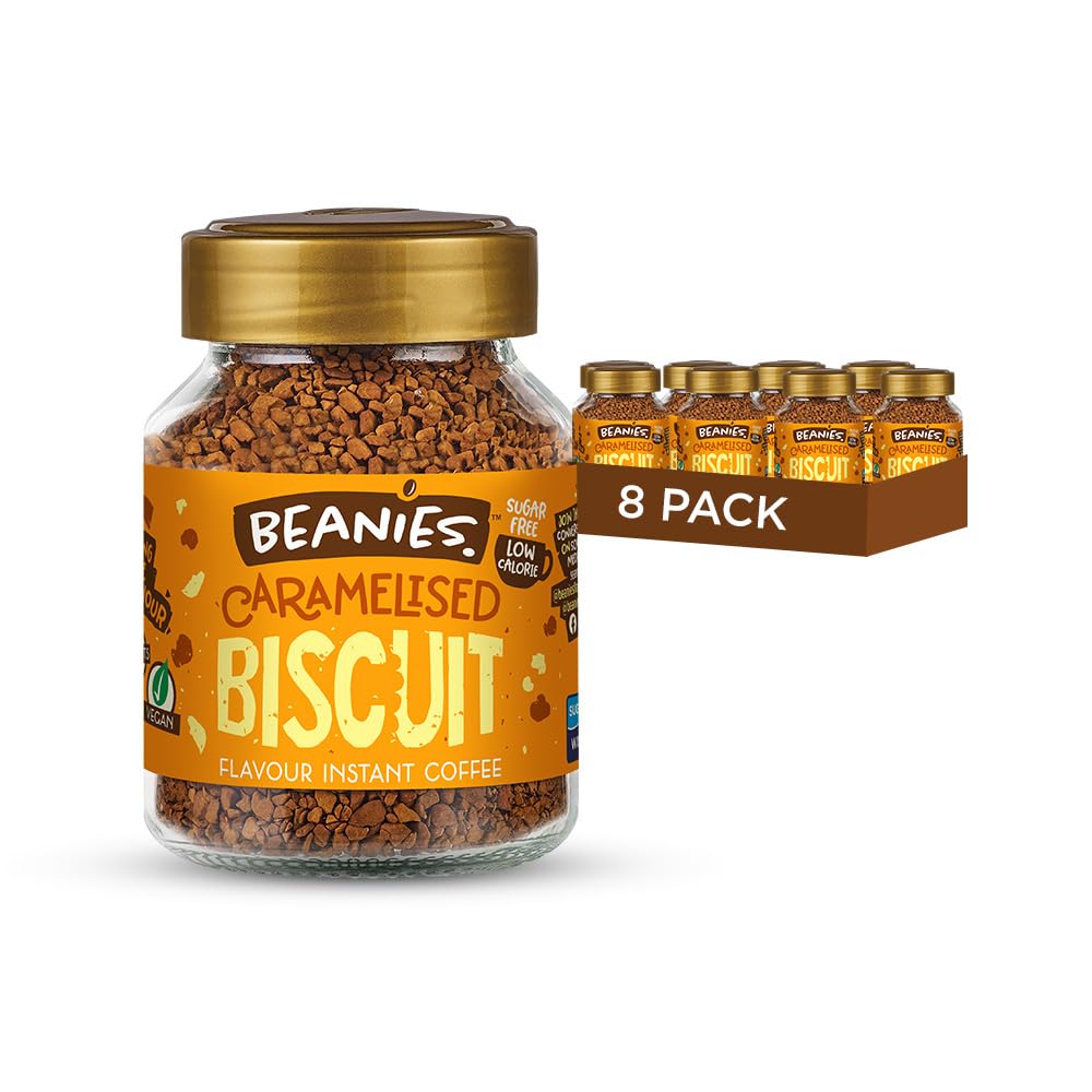 Beanies Instant Coffee with Caramelised Biscuit Flavour, 400g (50g x 8 Pack) - Freeze-Dried Granules, Quick & Easy to Brew, Premium Taste, Rich in Flavour, Low-Calorie, Sugar-Free, Vegan