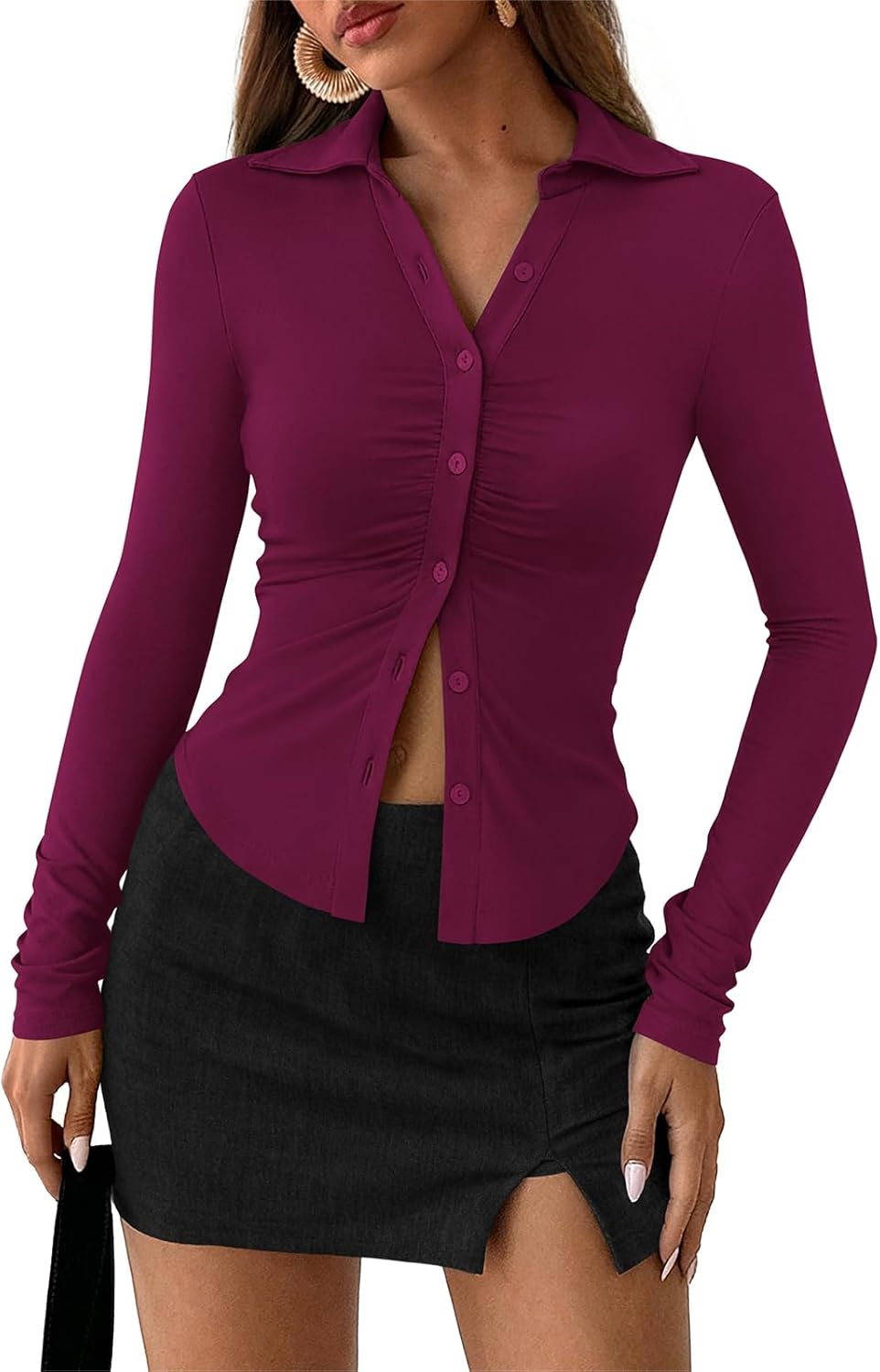 PRETTYGARDEN Womens Button Down Shirts V Neck Collared Ruched Slim Fit Long Sleeve Shirt Casual Spring Fashion Ladies Tops