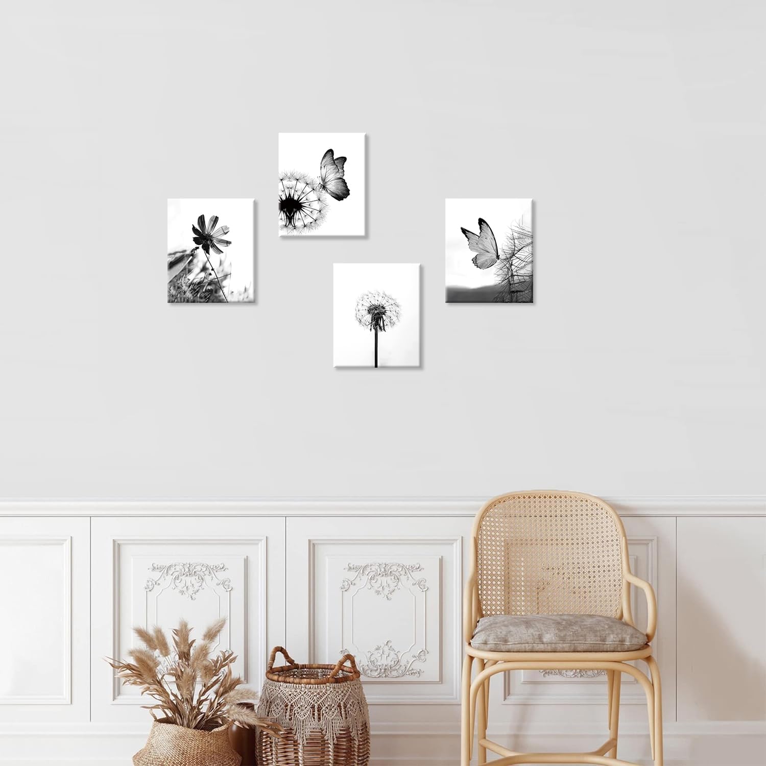 Black and White Flower Plant Butterfly Wall Art, Rustic Wall Art for Bedroom Farmhouse Decor, Dandelion Butterfly Canvas Prints, Set of 4 (8x10 inches Framed)