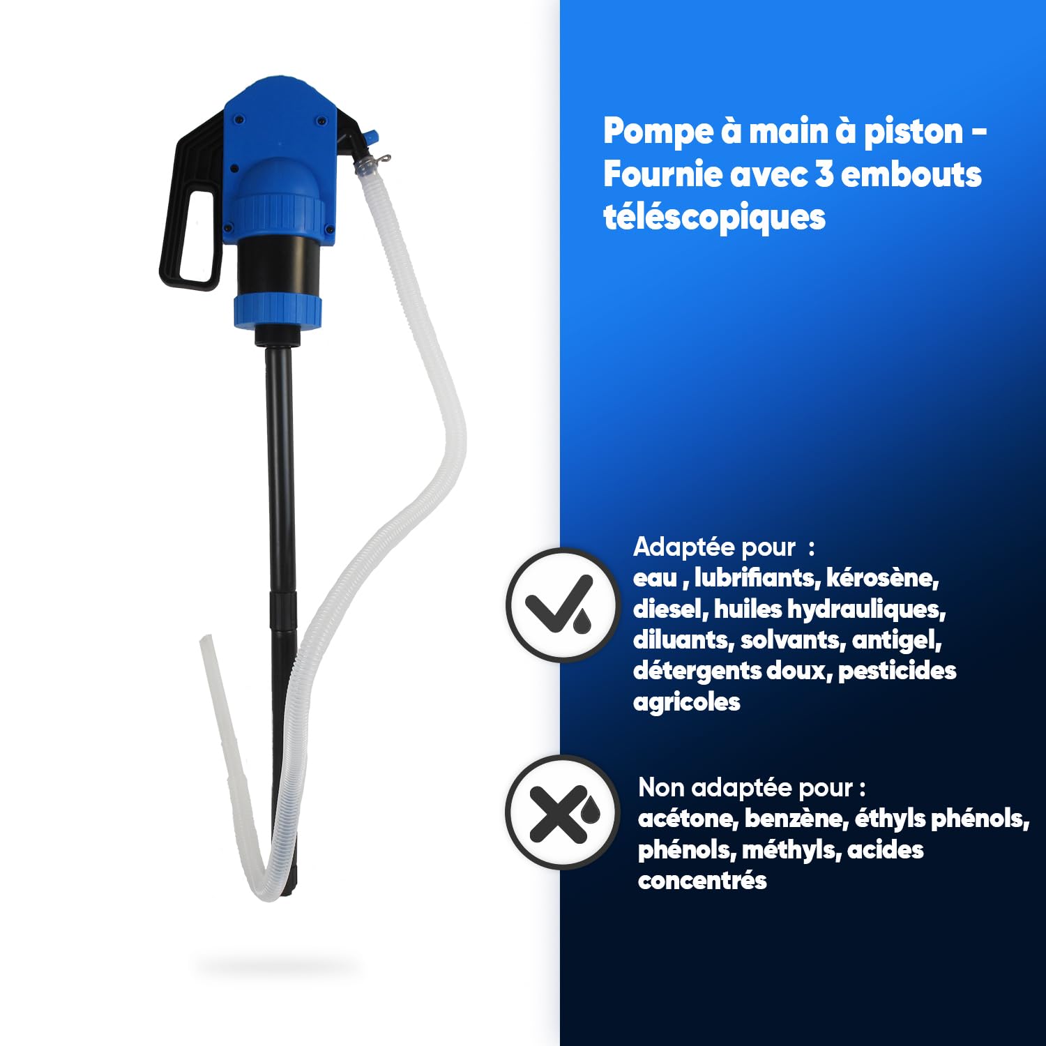 UNIVERSEL - Pompe À Main - Idéale Pour Carburants, Lubrifiants, Eau Et Plus - ‎Débit 0,50 L/Coup De Pompe - Adaptation 50mm - 3 Embouts Téléscopiques Inclus - 39,6 x 23 x 14,7 cm