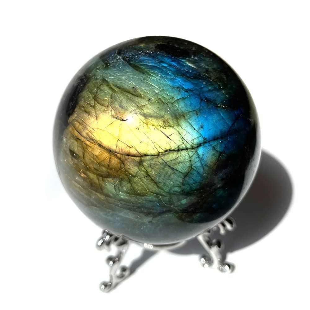 MDYSC Natural Polished Rainbow Light Labradorite Crystal Ball Home Decoration Ornament Moonstone Crystal Stone+Base (2.5-3inch)