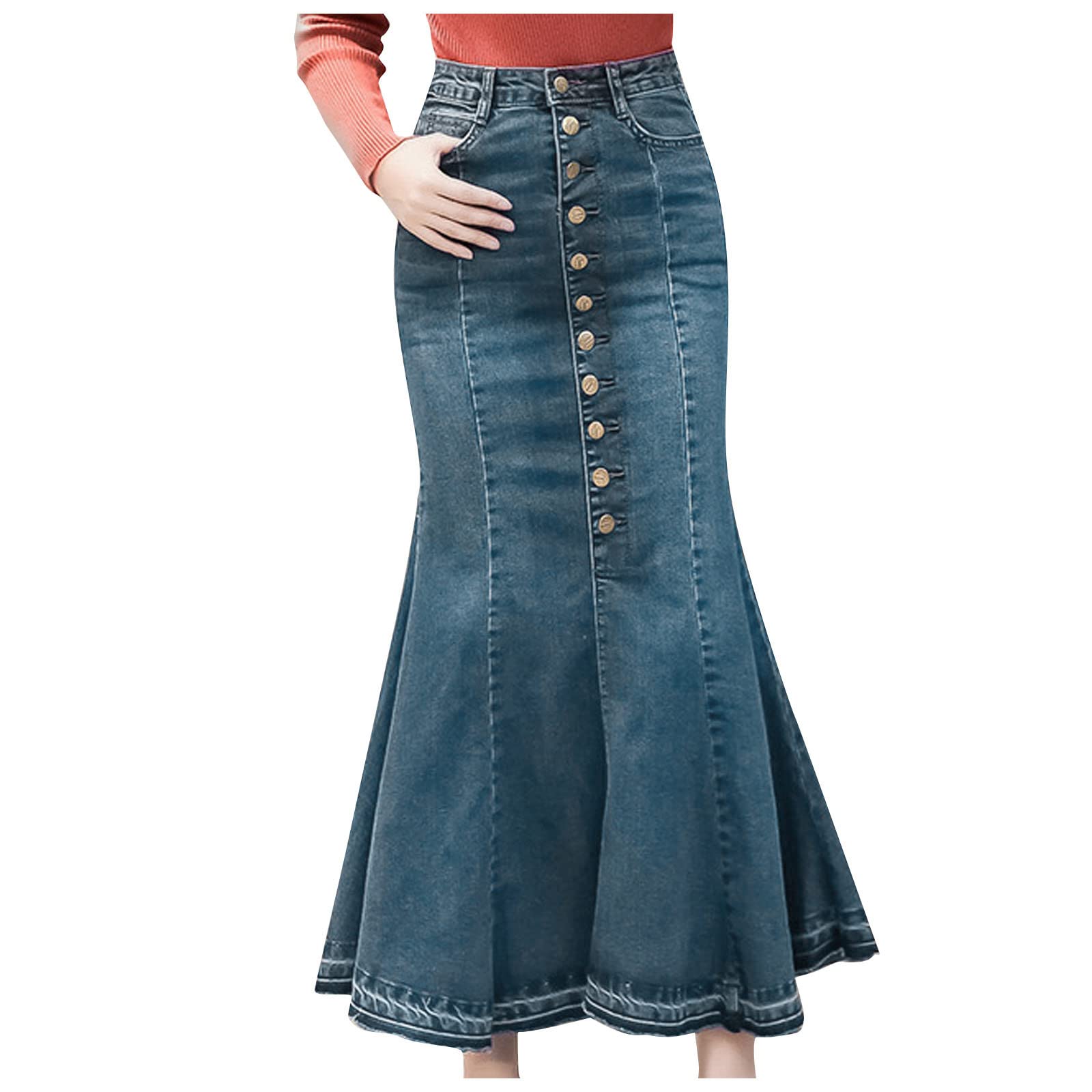Damen Jeans Rock, Stretch Denim Maxi Jeansrock Mit Weit Ausgestelltem Saum, Slimfit Midi Röcke Freizeitrock Partyrock, A Linie Rock, Figurbetontes Damenrock Hohe Taille