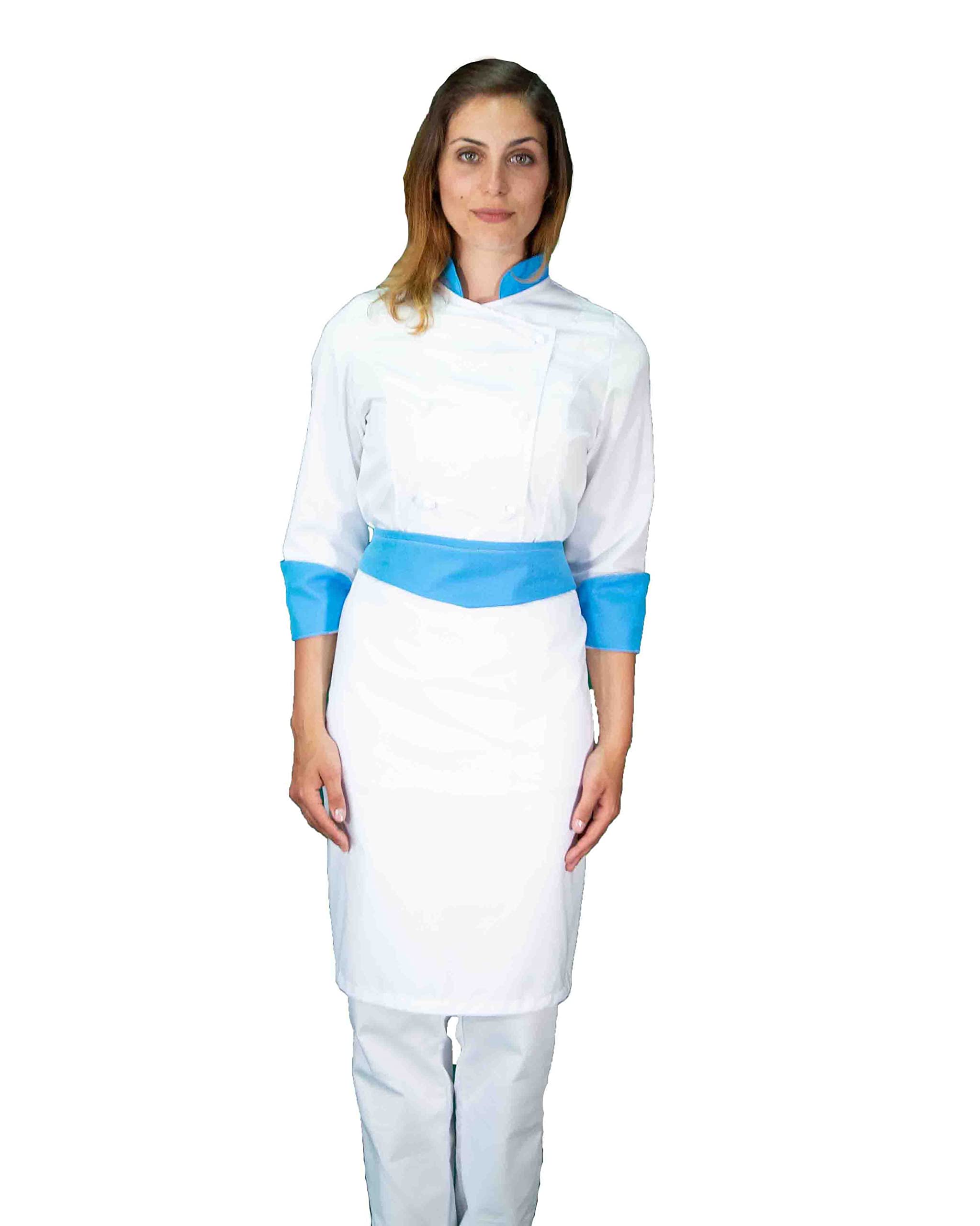 Ricamo Gratuito - Completo Cuoco Donna Bianco e Ciano - Divisa Chef Personalizzabile - Giacca, Pantaloni e Grembiule - Uniforme per Cucina e Ristorante - Made in Italy