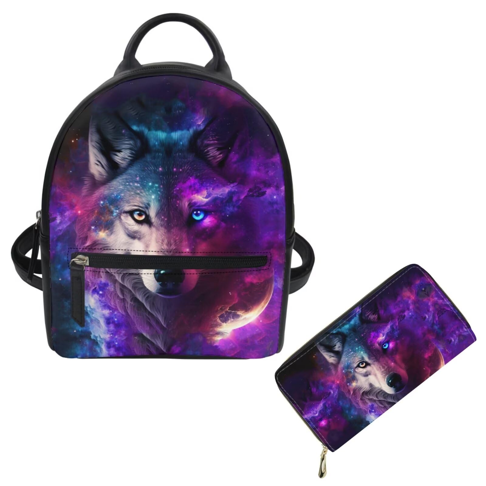 Showudesigns Galaxy Wolf Backpack Purse and Wallet Set for Women Leather Mini Backpack Waterproof Shoulder Bag Teenager Purse Men Daypack Wallets 2