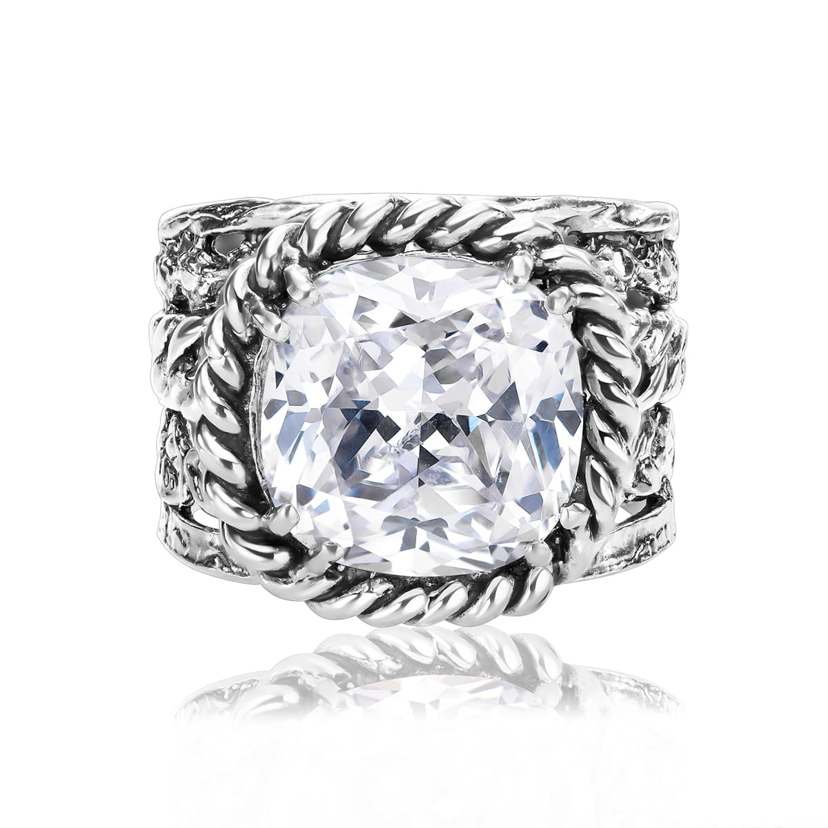 JEAN RACHEL JEWELRY Damenring aus 925er Sterlingsilber, Vintage-Design mit Flecht- und Blattmotiv sowie Zirkonia im Kissenschliff, hypoallergen, nickelfrei, bleifrei, handgefertigter Statement-Schmuck