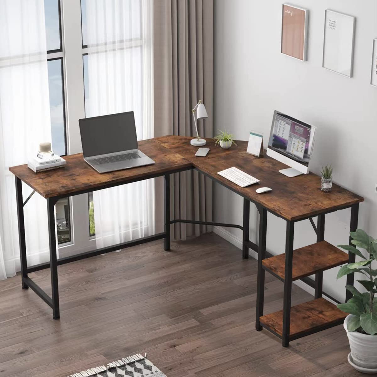 XKZG Computer Desk 54 Inch L Shaped Corner Desk for Home Office Writing Study Workstation Industrial Style PC Laptop Table Gaming Desk Save Space Easy Assembly (Brown, 54.3" × 54.3")