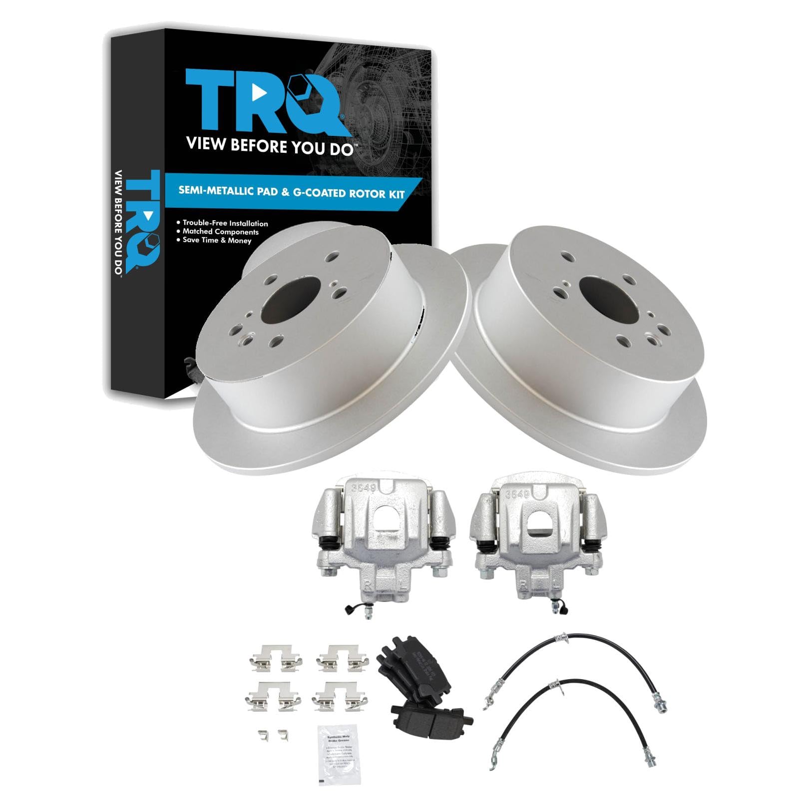 TRQ Rear Brake Pad and Rotor Set Semi Metallic Coated Rotors Calipers Compatible with 2004-2007 Toyota Highlander with All Wheel Drive