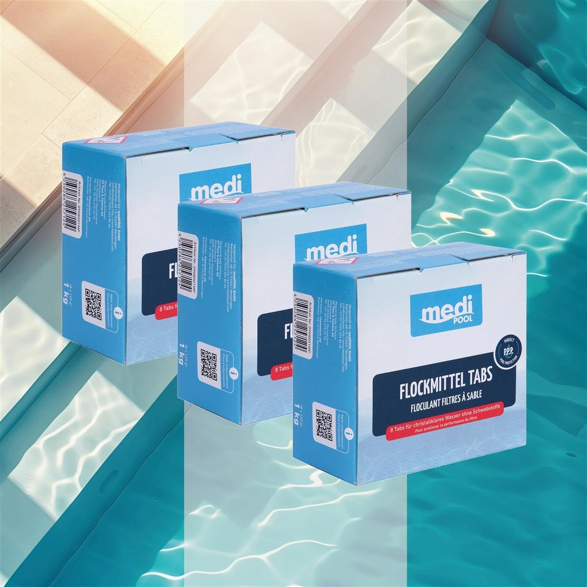 Medipool Flockmittel Tabs 3X 1 kg, gegen Trübungen, Machen feine Partikel filtrierbar, effektive Wasserpflege für Pools mit Sandfilteranlagen, einfache Anwendung, 24x 125g