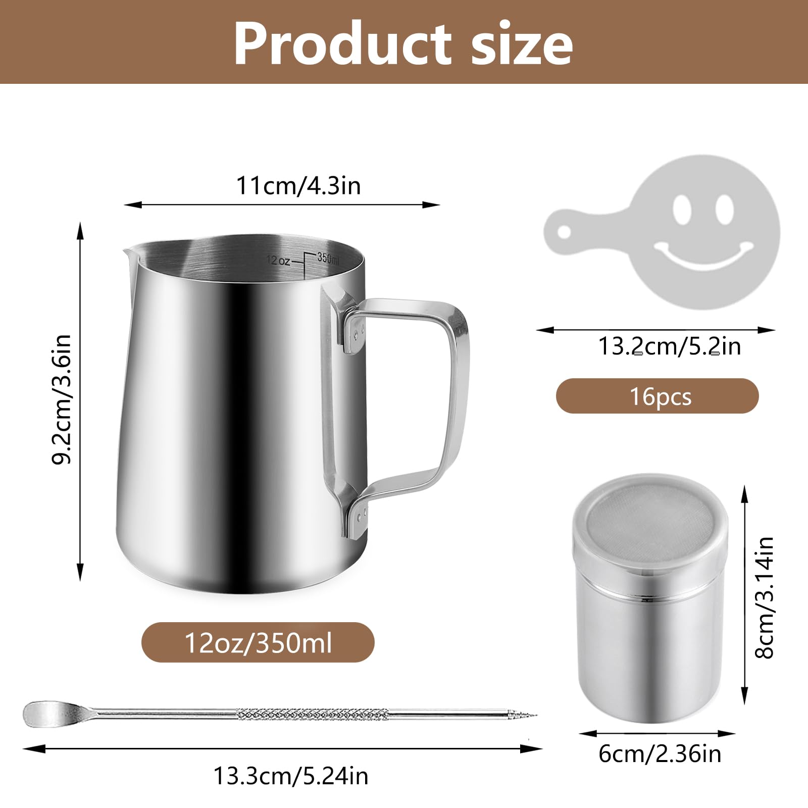 Dzbanek do Spieniania Mleka ze Stali Nierdzewnej, 350 ml, z Podziałką, do Latte Art i Cappuccino