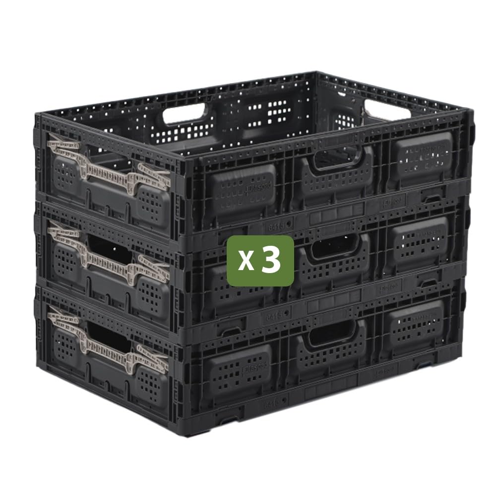 Box and beyond - Lot 3 Bacs Rangement Pliables - 40 x 60 x 15 cm - 31L - Charge 15 kg - Stockage, Outillage, Bricolage - Rangement Facile - Robuste - Garage, Cave, Buanderie