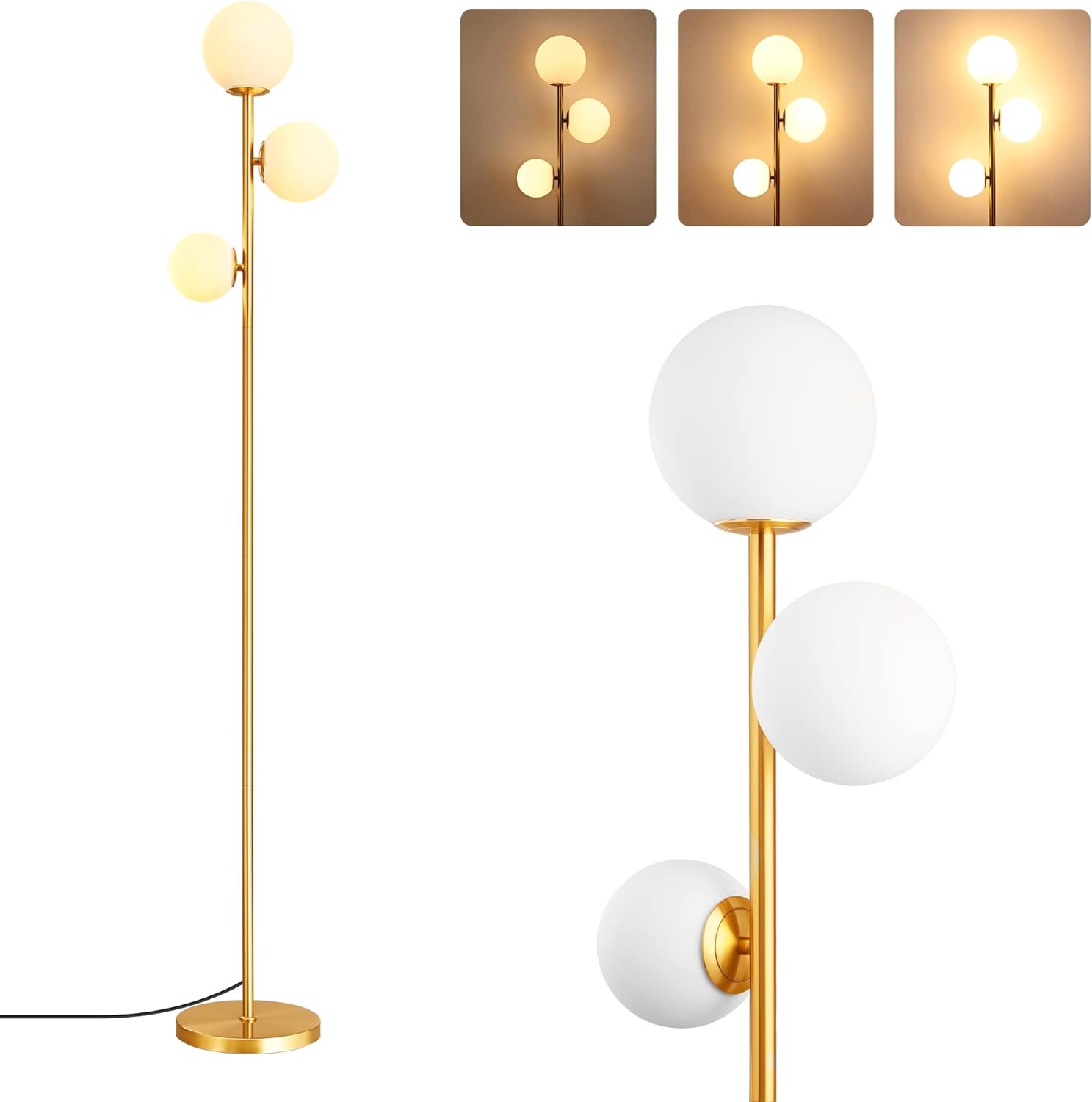 EDISHINE Modern Gold Floor Lamp, 3 Globe Mid Century Standing Lamps for