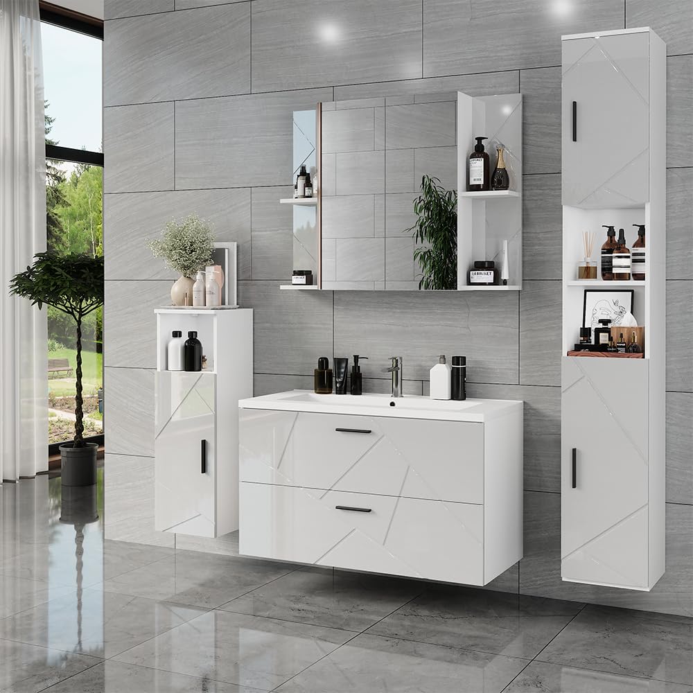 Vicco Ensemble de Meubles de Salle de Bains Irma, Blanc/Blanc Brillant, 100 cm, composé d’Un Meuble sous-lavabo et d’Un lavabo