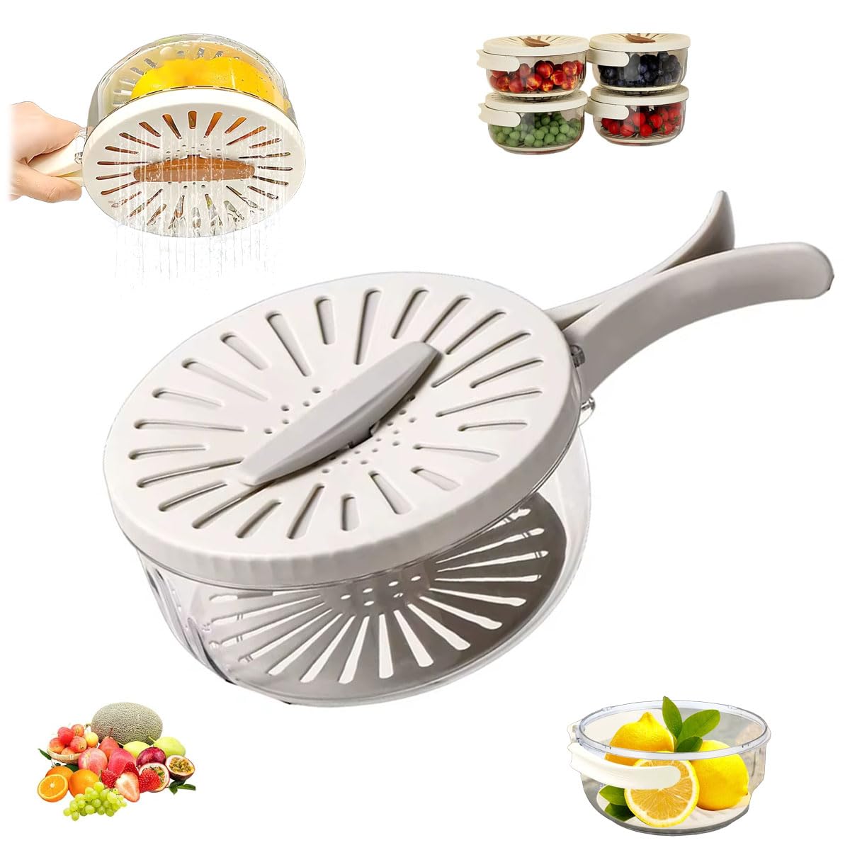 Bustier Fruit Strainer,multipurpose drain basket with lid,fruit cleaner bowl with lid and handle,Collapsible Handle, For Berries, Vegetables, Pasta, Kitchen & Fridge Organizer (White-S)