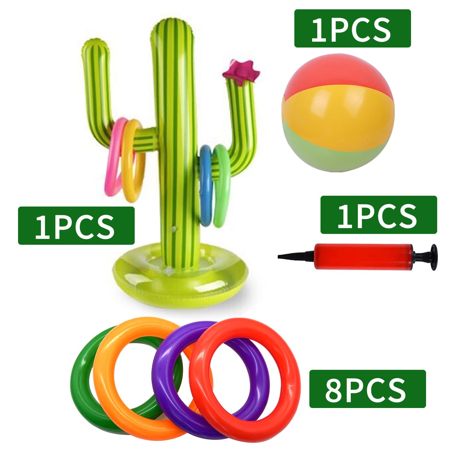 Aufblasbares Kaktus Ring Wurf Spiel Set, 1 Aufblasbaren Kaktus, 1 Aufblasbarer Ball, 8 Farbe Aufblasbare Ringe und 1 Luftpumpe für Sommer Party Kinder Erwachsene Pool Spielzeug