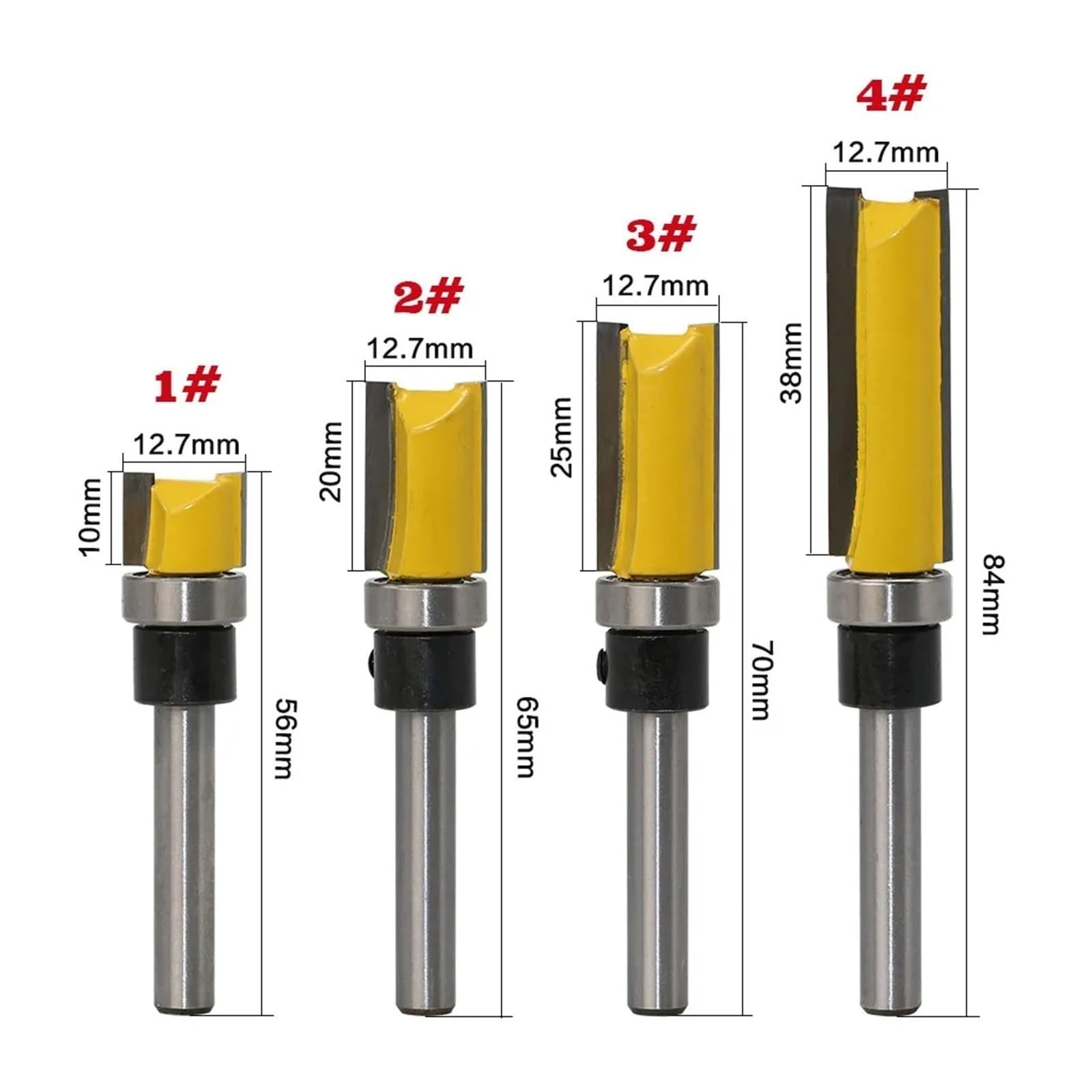 1/4 pièces 1/4in tige modèle garniture charnière mortaisage routeur peu droite fraise tondeuse nettoyage affleurant garniture Tenon Cutter for le travail du bois(4PCS)