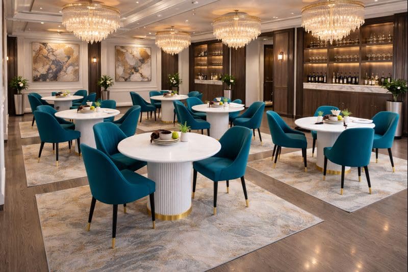 Image of 4 Seater Dining Table Set with 4 Chairs,2yr Warranty - Round Marble Dining Table (91x91x76 cm) - White Marble Top, Solid Wooden Base, Upholstered Chairs with Sheesham Wood Legs - Sea Blue